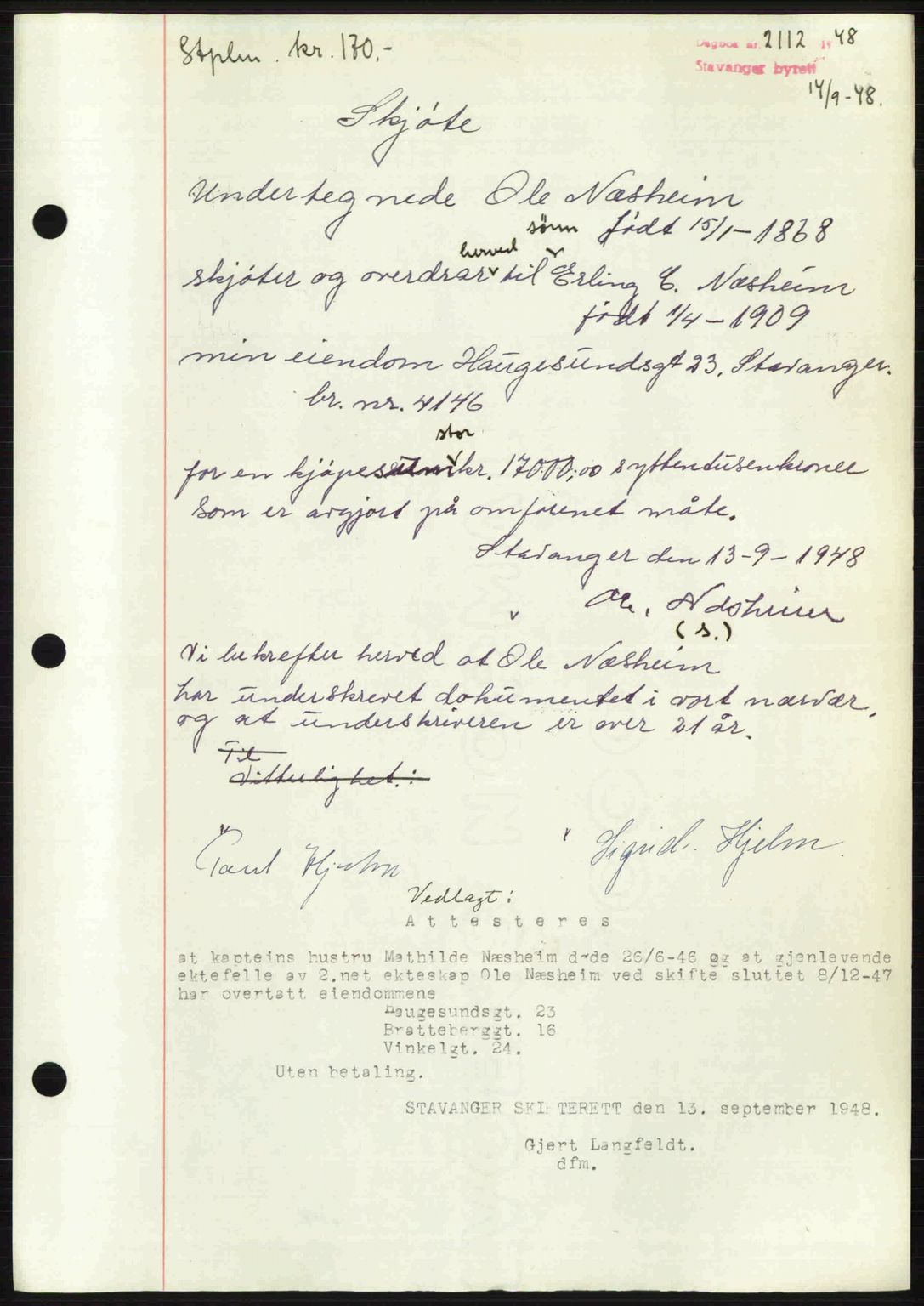 Stavanger byrett, SAST/A-100455/002/G/Gb/L0022: Mortgage book no. A11, 1947-1948, Diary no: : 2112/1948