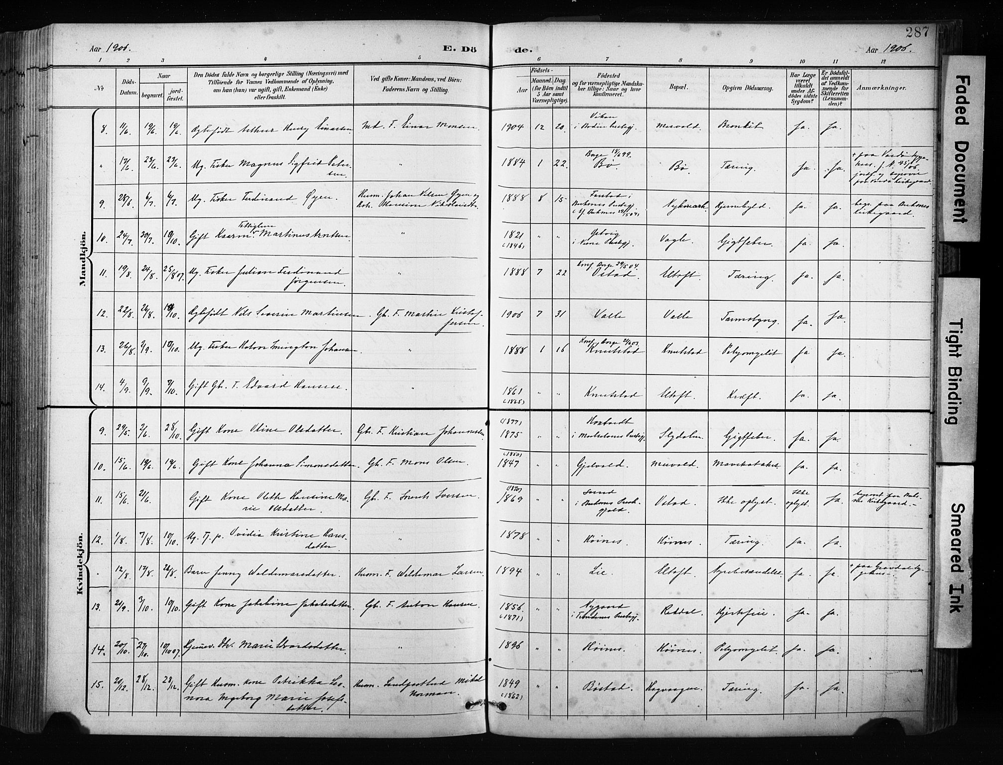 Ministerialprotokoller, klokkerbøker og fødselsregistre - Nordland, AV/SAT-A-1459/880/L1134: Parish register (official) no. 880A08, 1899-1908, p. 287