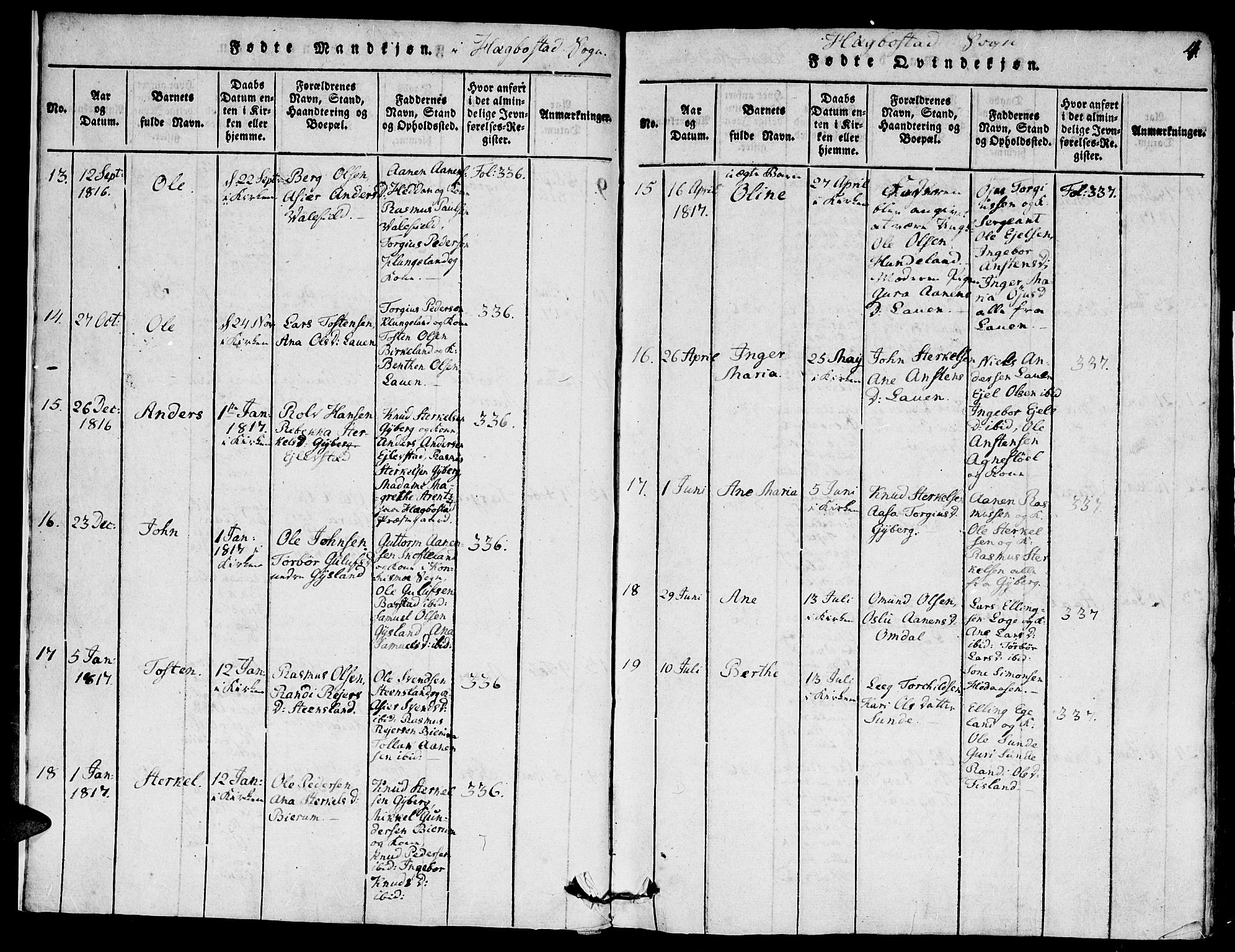 Hægebostad sokneprestkontor, SAK/1111-0024/F/Fa/Faa/L0002: Parish register (official) no. A 2 /1, 1816-1825, p. 4