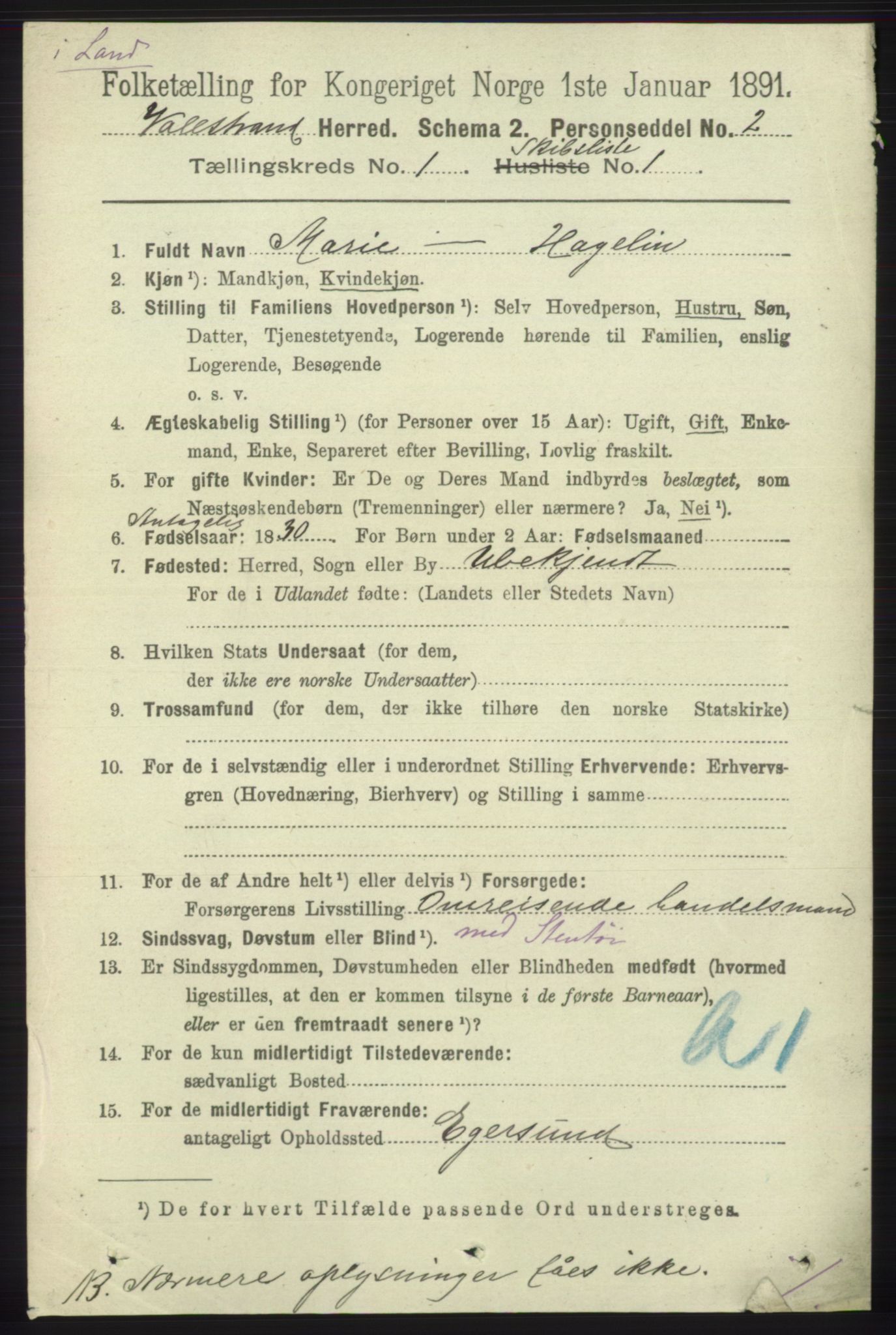 RA, 1891 census for 1217 Valestrand, 1891, p. 57