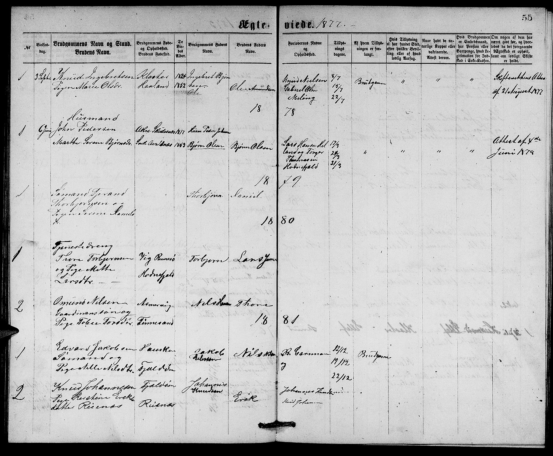 Rennesøy sokneprestkontor, SAST/A -101827/H/Ha/Hab/L0004: Parish register (copy) no. B 4, 1870-1889, p. 55