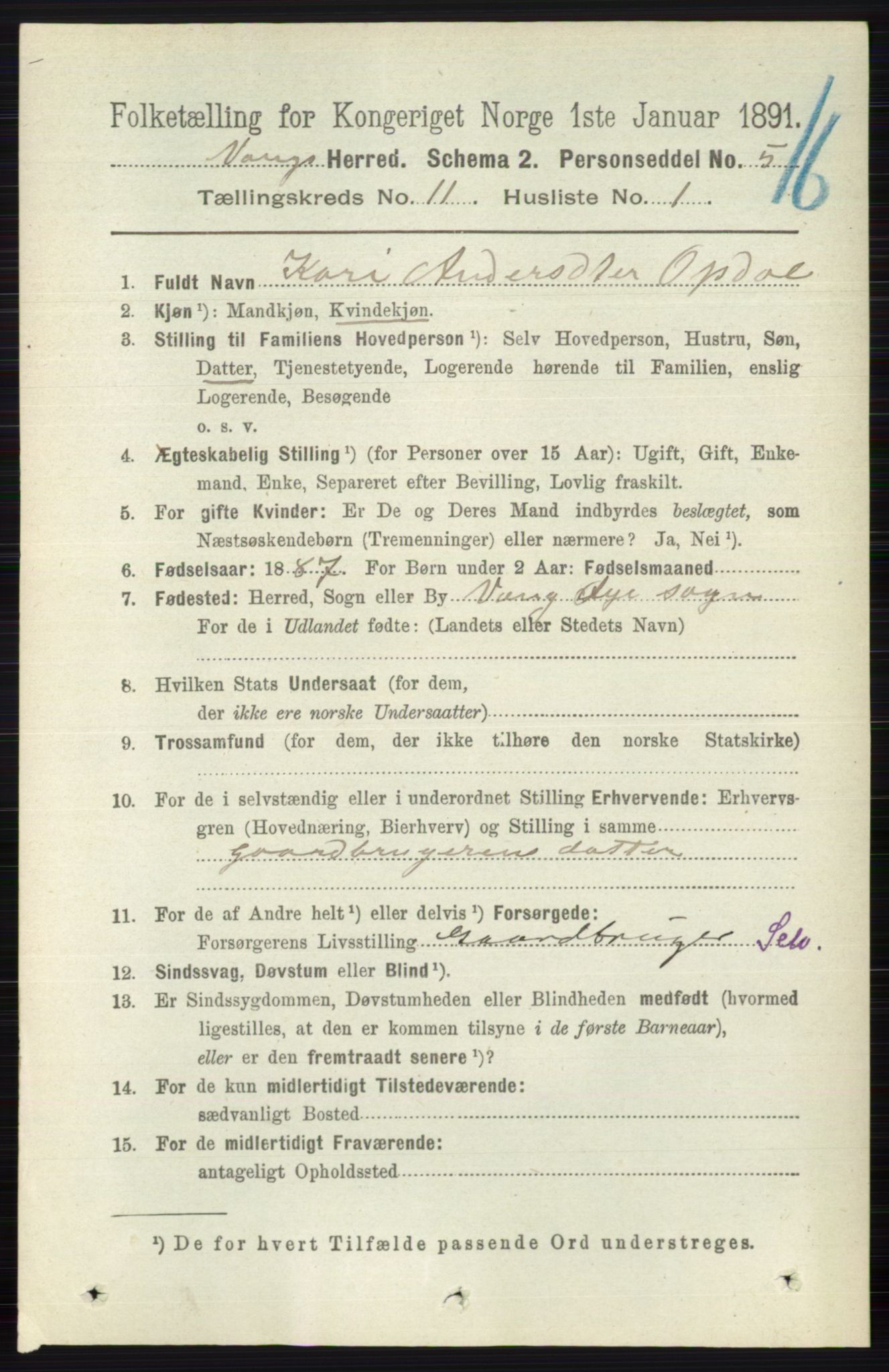 RA, 1891 census for 0545 Vang, 1891, p. 2401