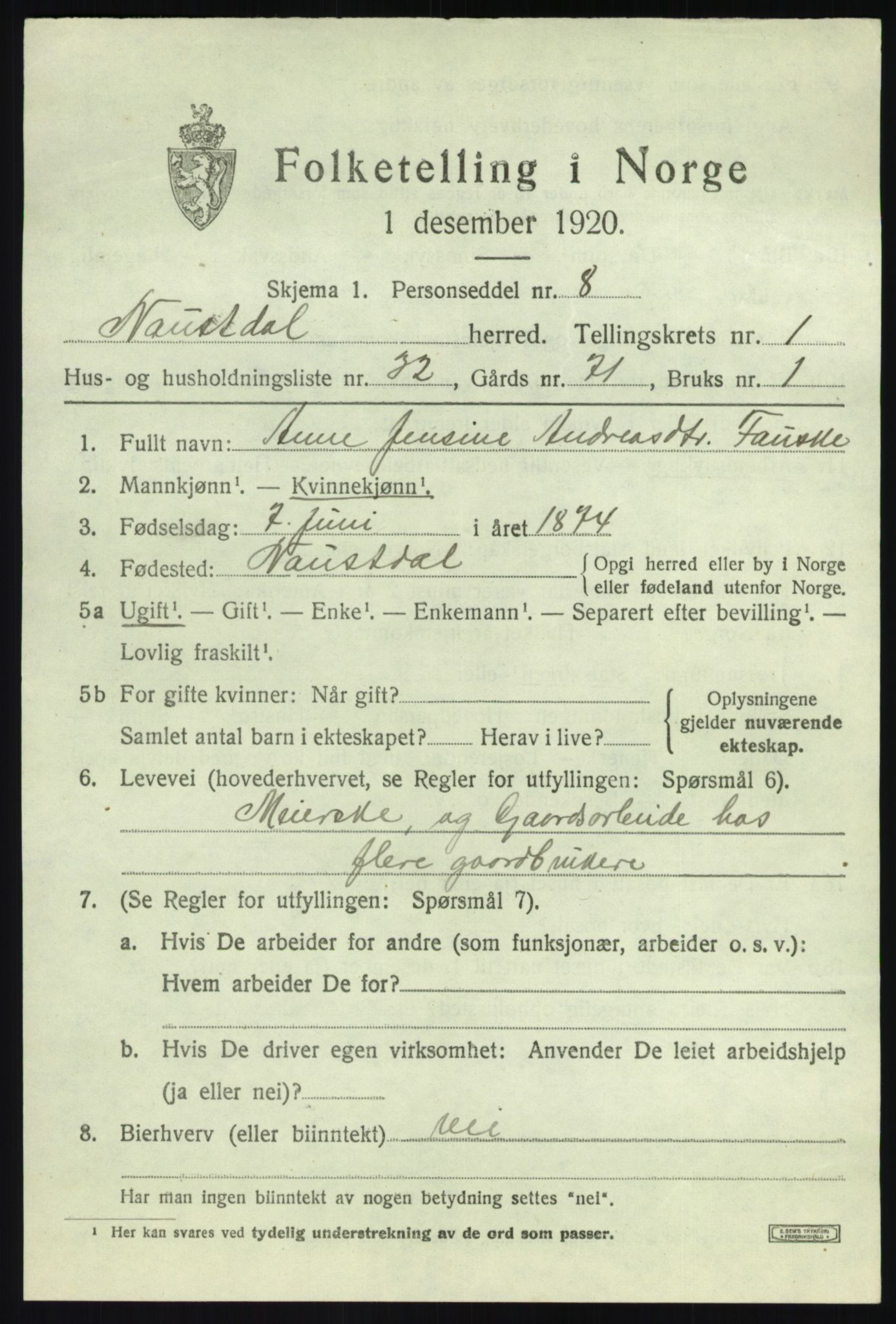 SAB, 1920 census for Naustdal, 1920, p. 1263