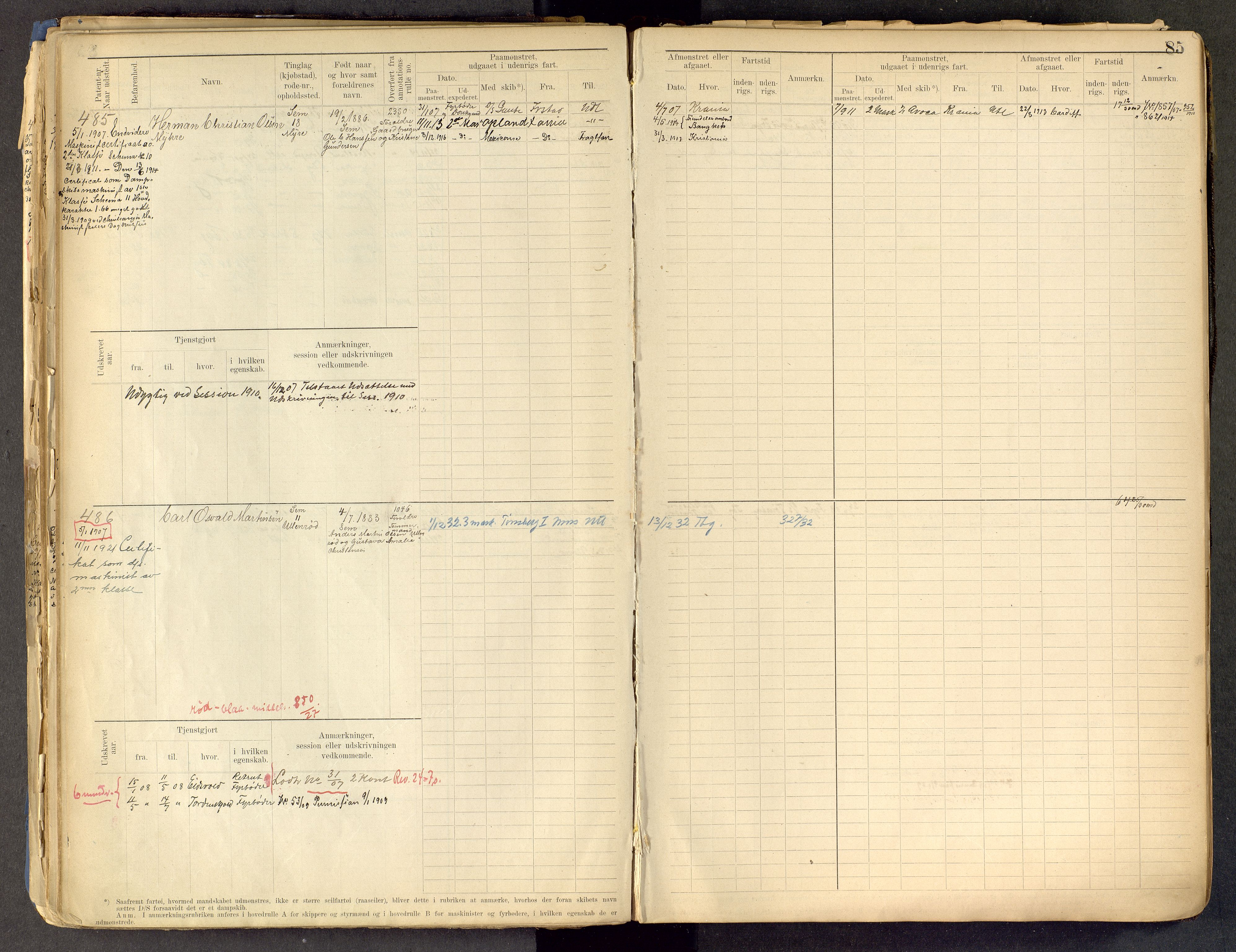 Tønsberg innrulleringskontor, SAKO/A-786/F/Fe/L0002: Maskinist- og fyrbøterrulle Patent nr. 315-1110, 1902-1924, p. 85