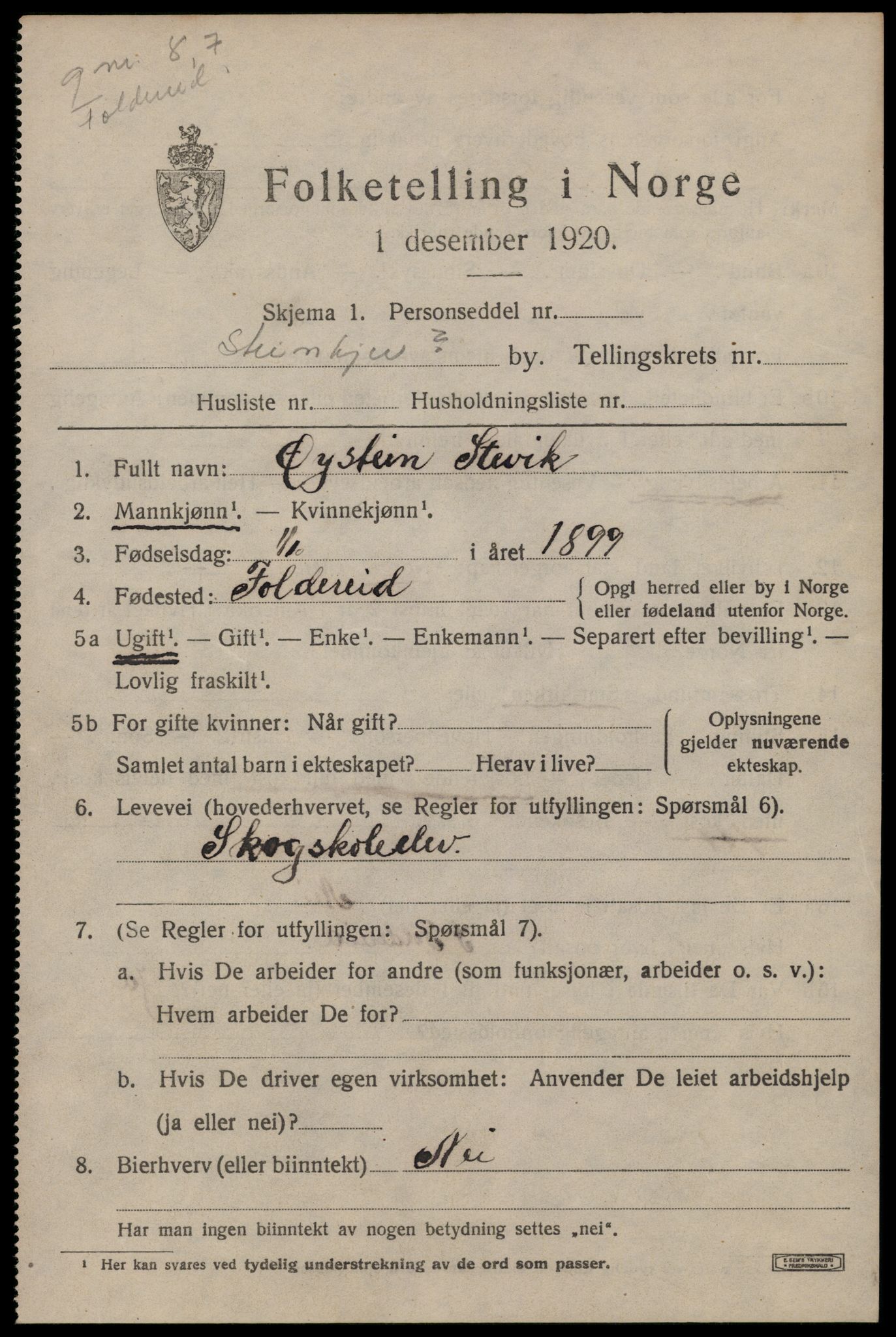 SAT, 1920 census for Steinkjer, 1920, p. 7878