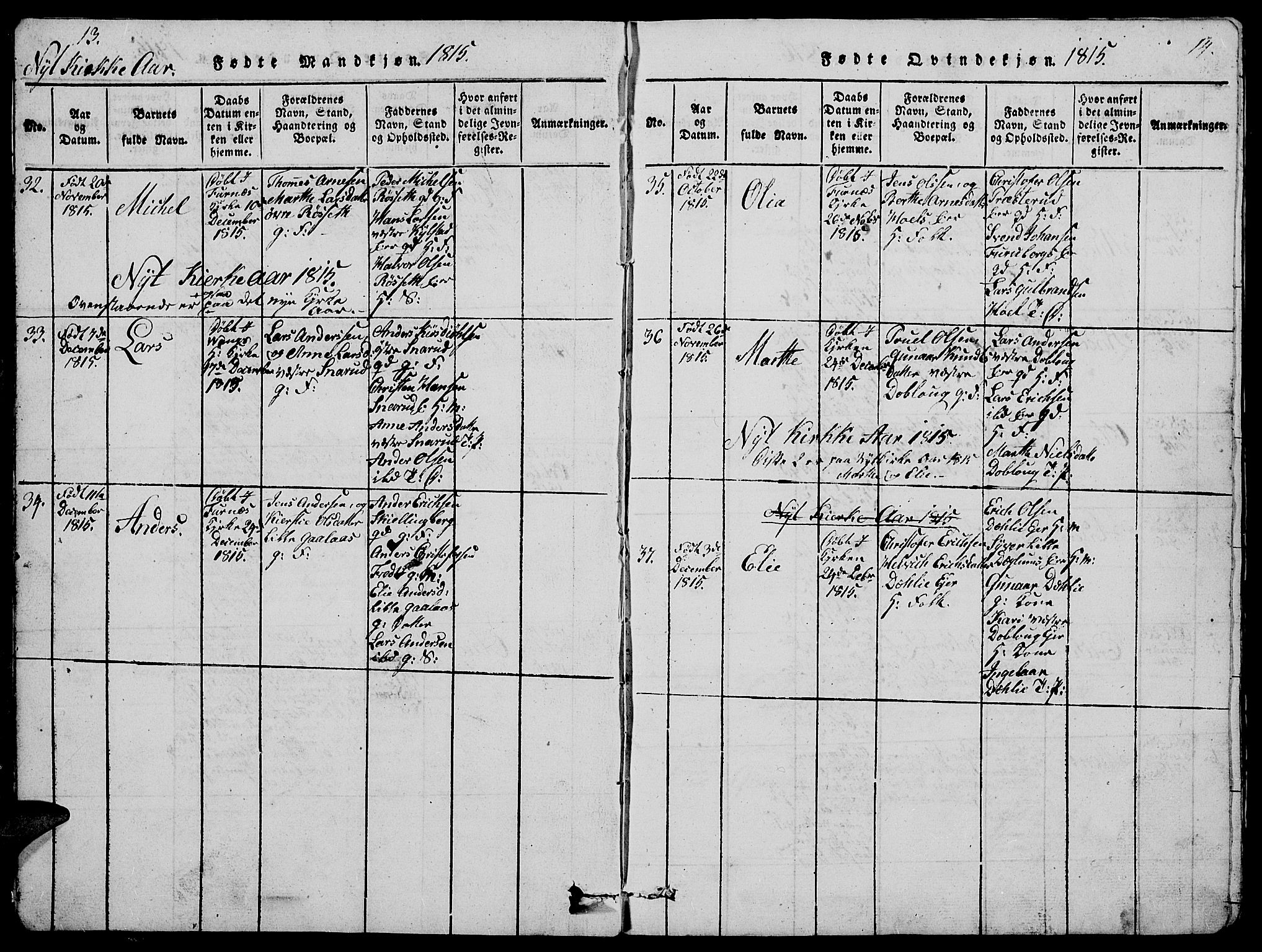 Vang prestekontor, Hedmark, SAH/PREST-008/H/Ha/Hab/L0005: Parish register (copy) no. 5, 1815-1836, p. 13-14