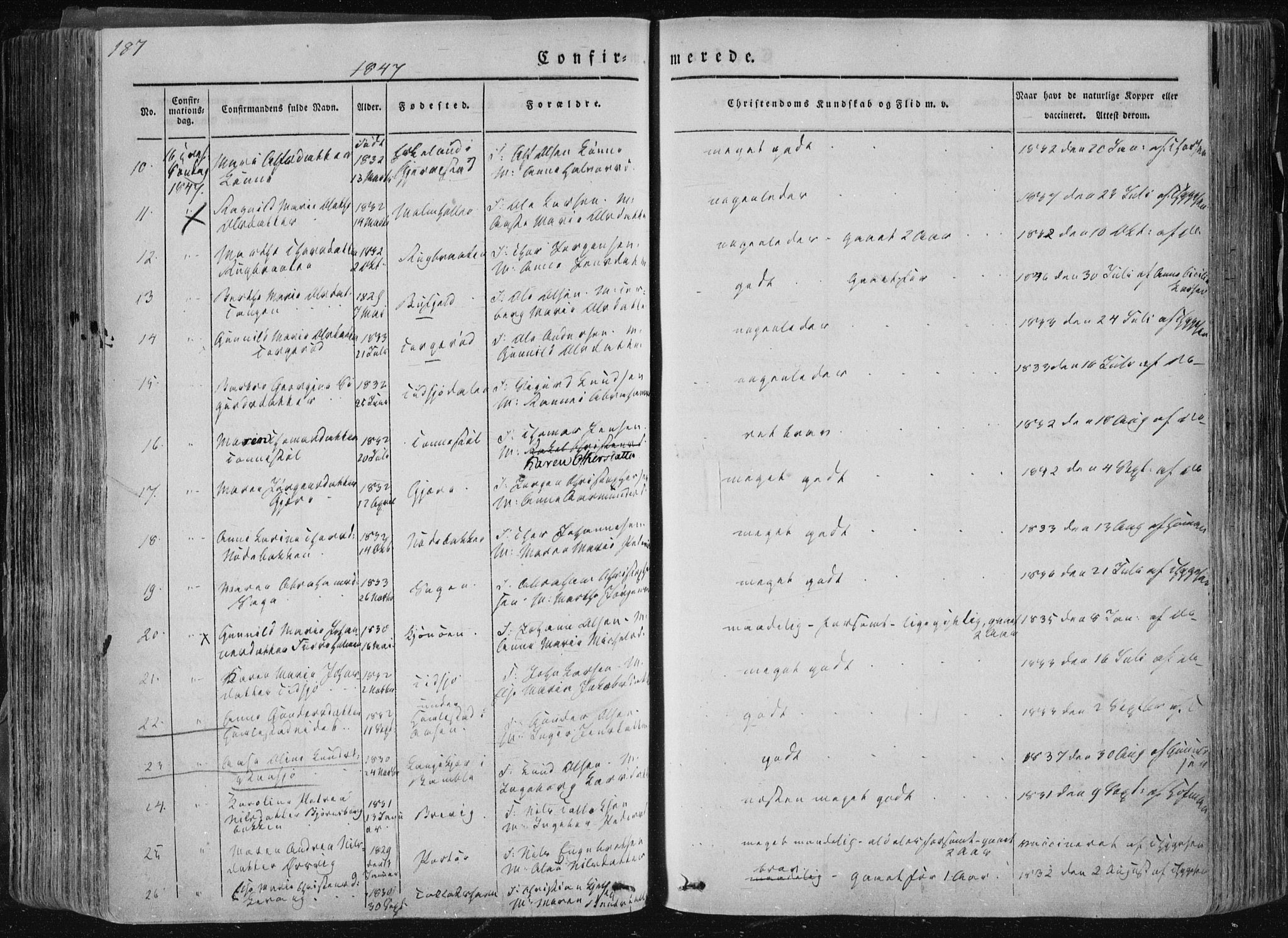 Sannidal kirkebøker, AV/SAKO-A-296/F/Fa/L0007: Parish register (official) no. 7, 1831-1854, p. 187