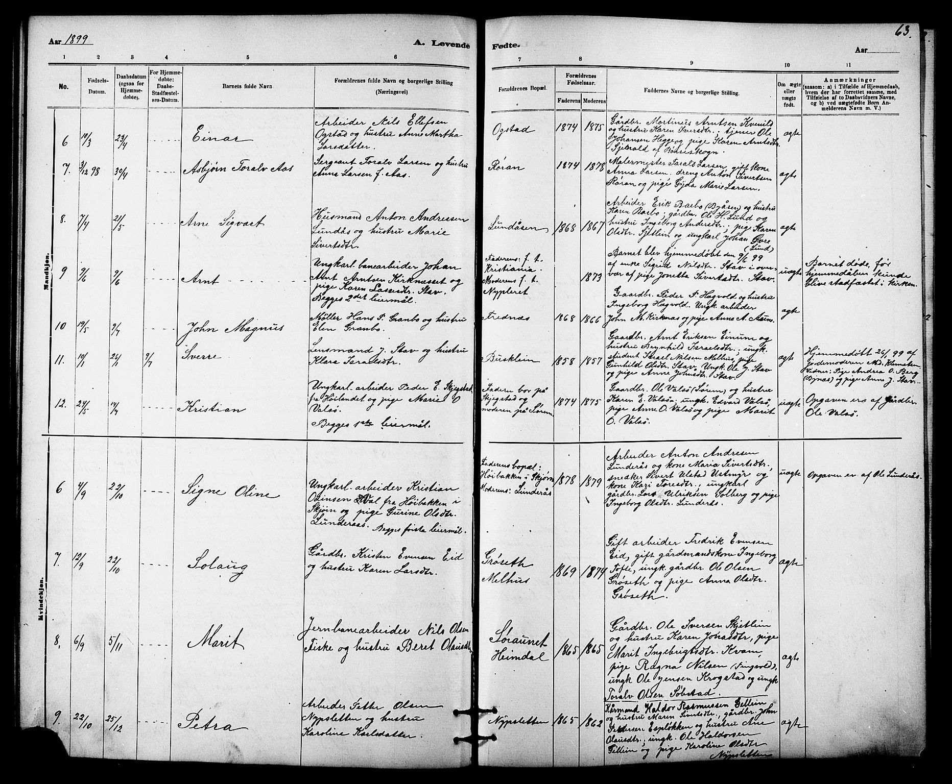 Ministerialprotokoller, klokkerbøker og fødselsregistre - Sør-Trøndelag, SAT/A-1456/613/L0395: Parish register (copy) no. 613C03, 1887-1909, p. 63