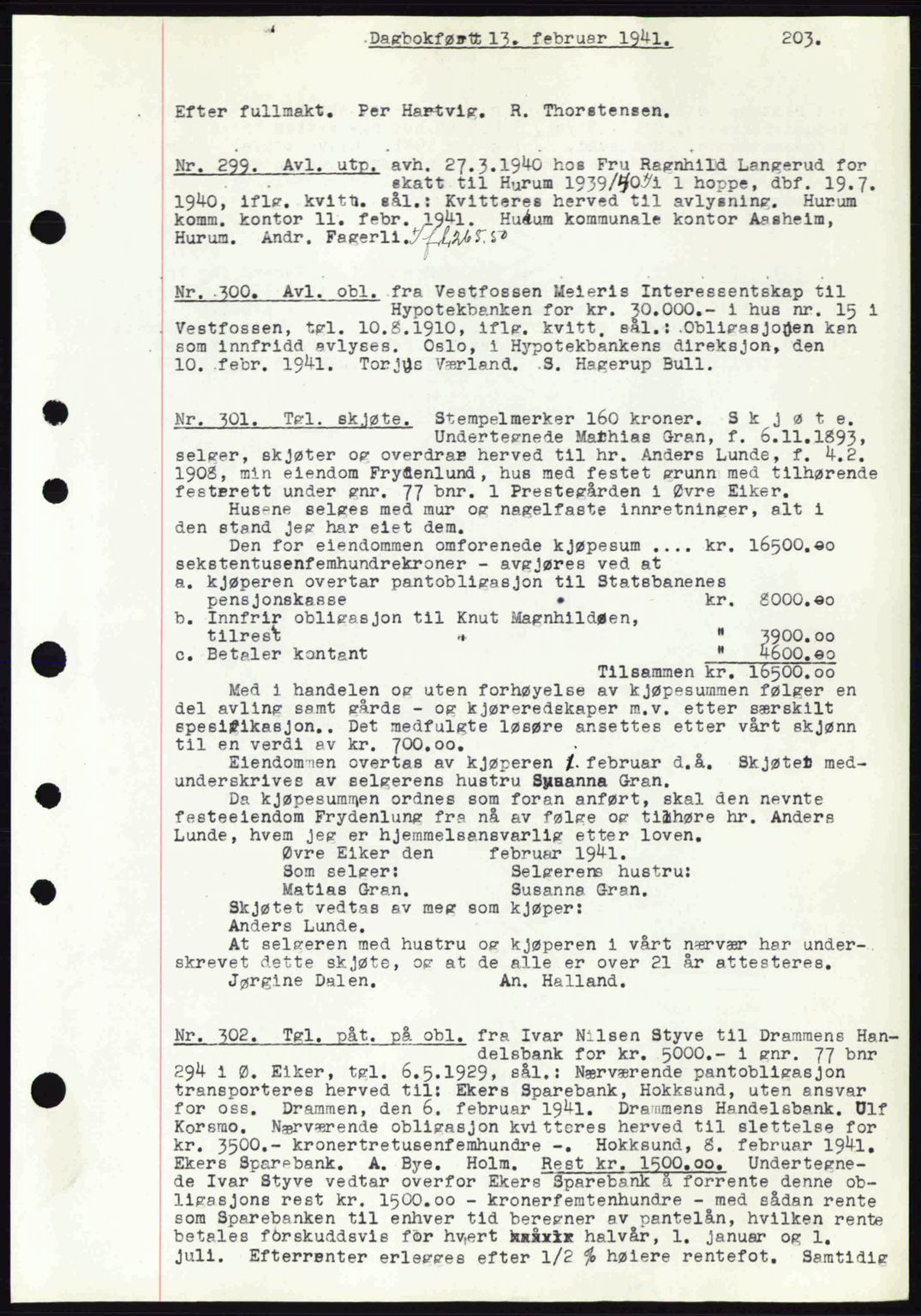 Eiker, Modum og Sigdal sorenskriveri, SAKO/A-123/G/Ga/Gab/L0043: Mortgage book no. A13, 1940-1941, Diary no: : 299/1941