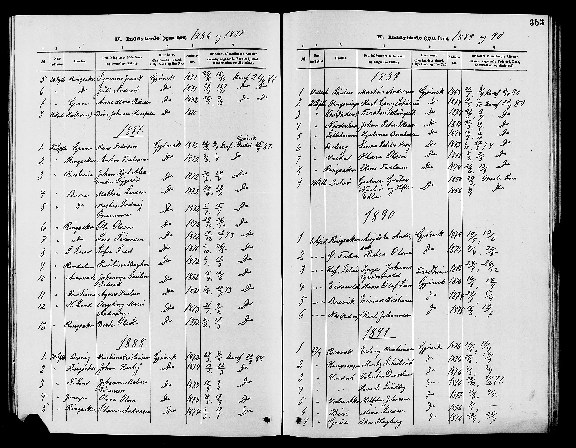 Vardal prestekontor, SAH/PREST-100/H/Ha/Hab/L0007: Parish register (copy) no. 7 /2, 1881-1895, p. 353