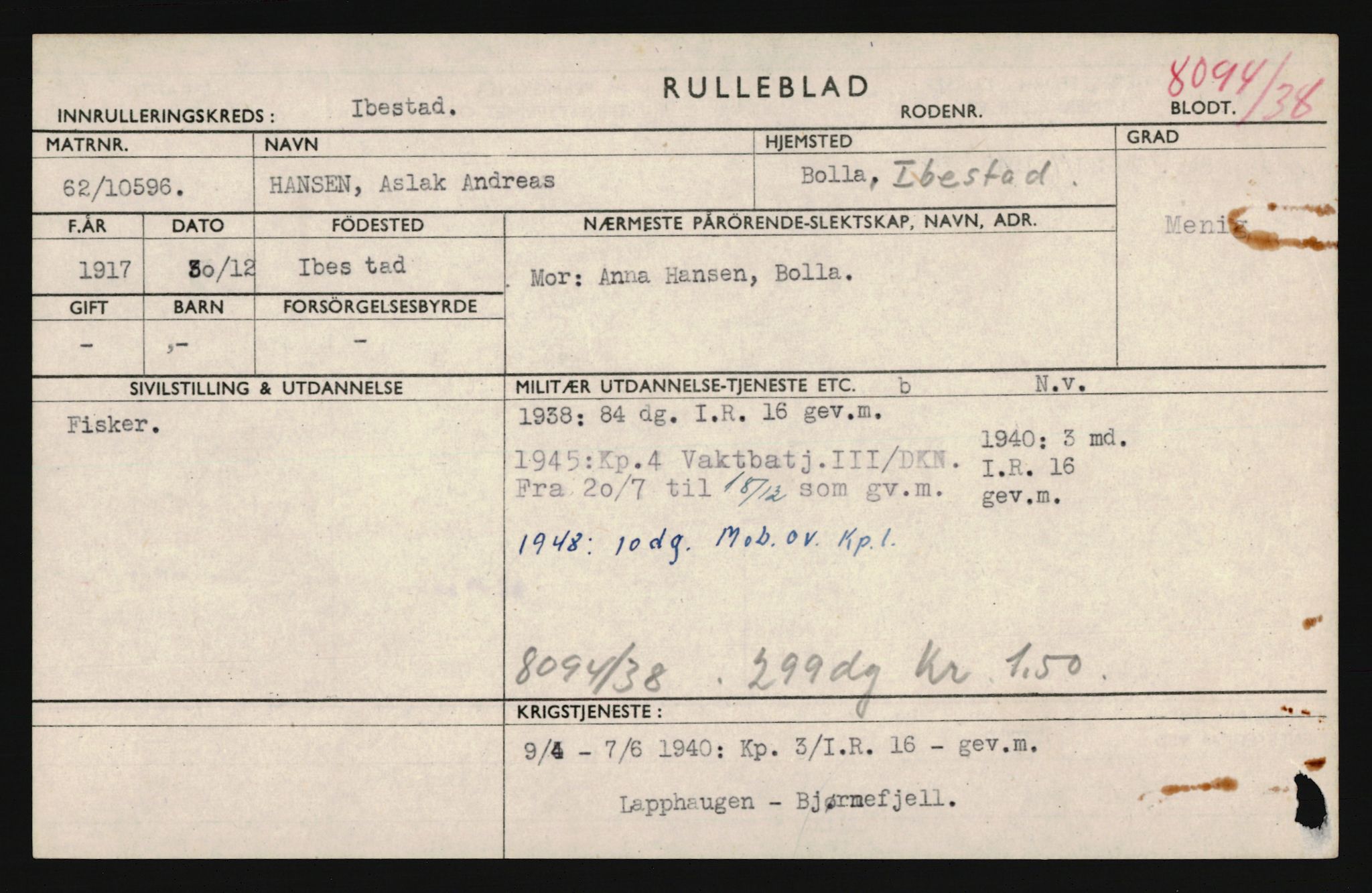 Forsvaret, Troms infanteriregiment nr. 16, AV/RA-RAFA-3146/P/Pa/L0022: Rulleblad for regimentets menige mannskaper, årsklasse 1938, 1938, p. 361