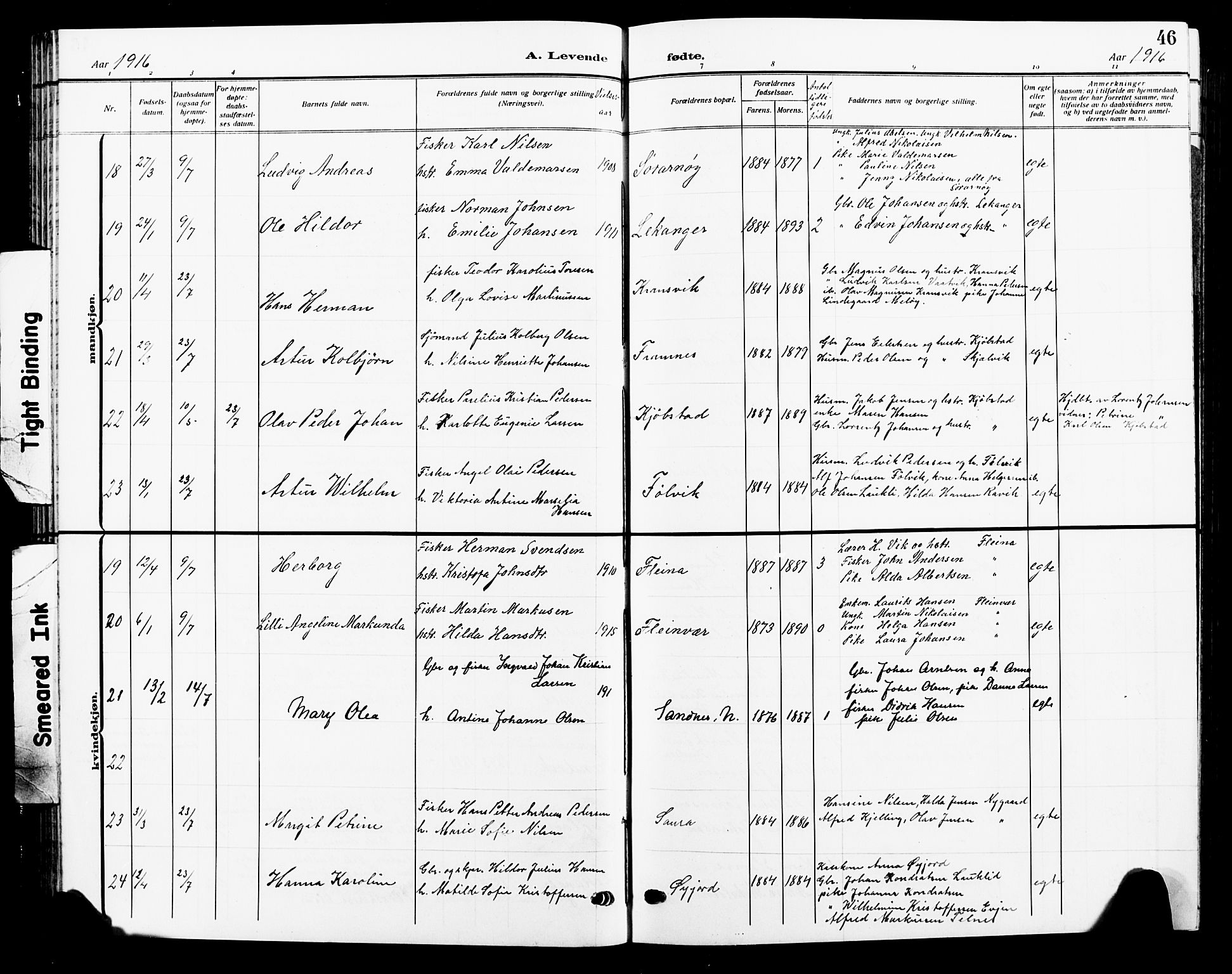 Ministerialprotokoller, klokkerbøker og fødselsregistre - Nordland, AV/SAT-A-1459/805/L0110: Parish register (copy) no. 805C06, 1909-1924, p. 46