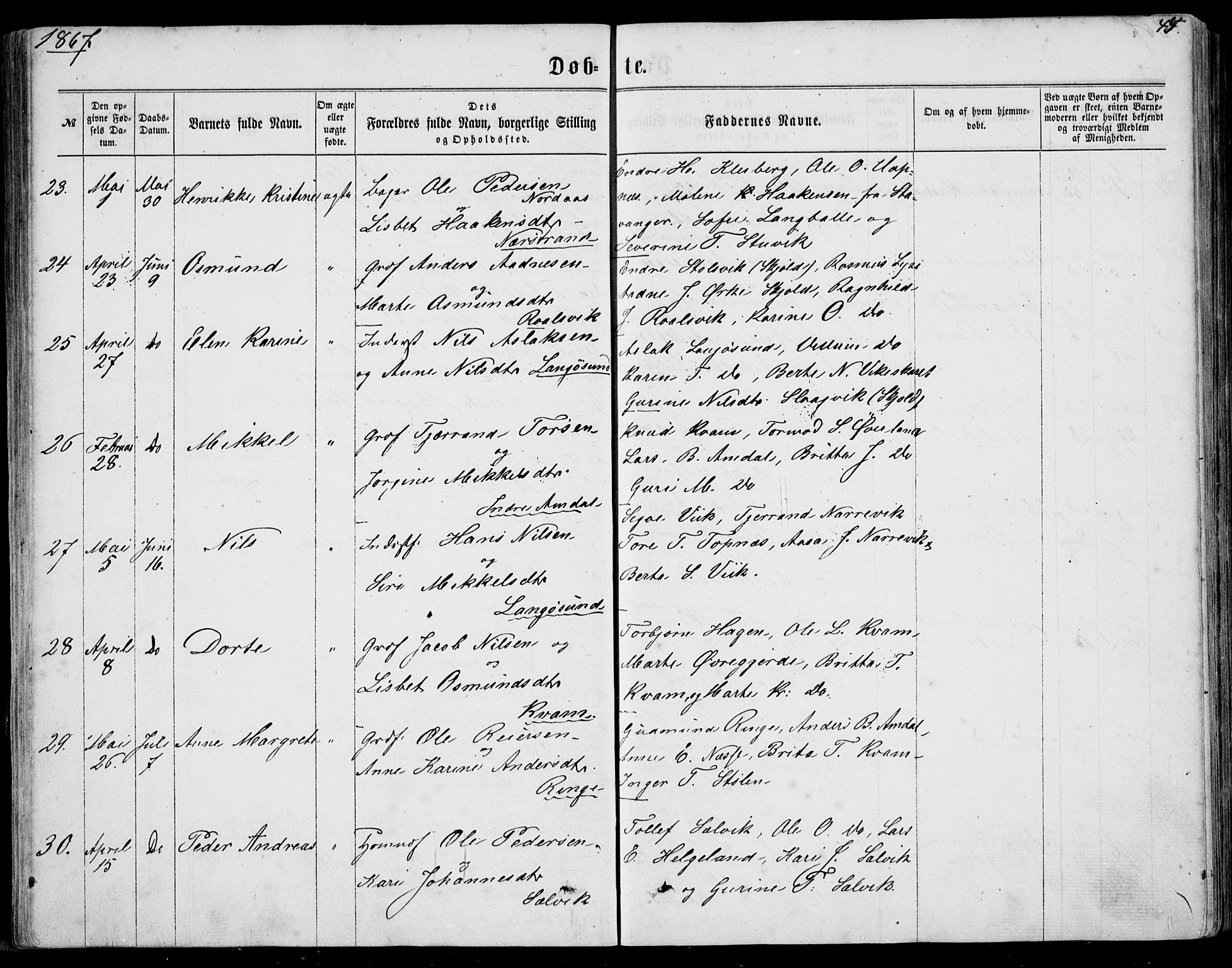 Nedstrand sokneprestkontor, AV/SAST-A-101841/01/IV: Parish register (official) no. A 9, 1861-1876, p. 44