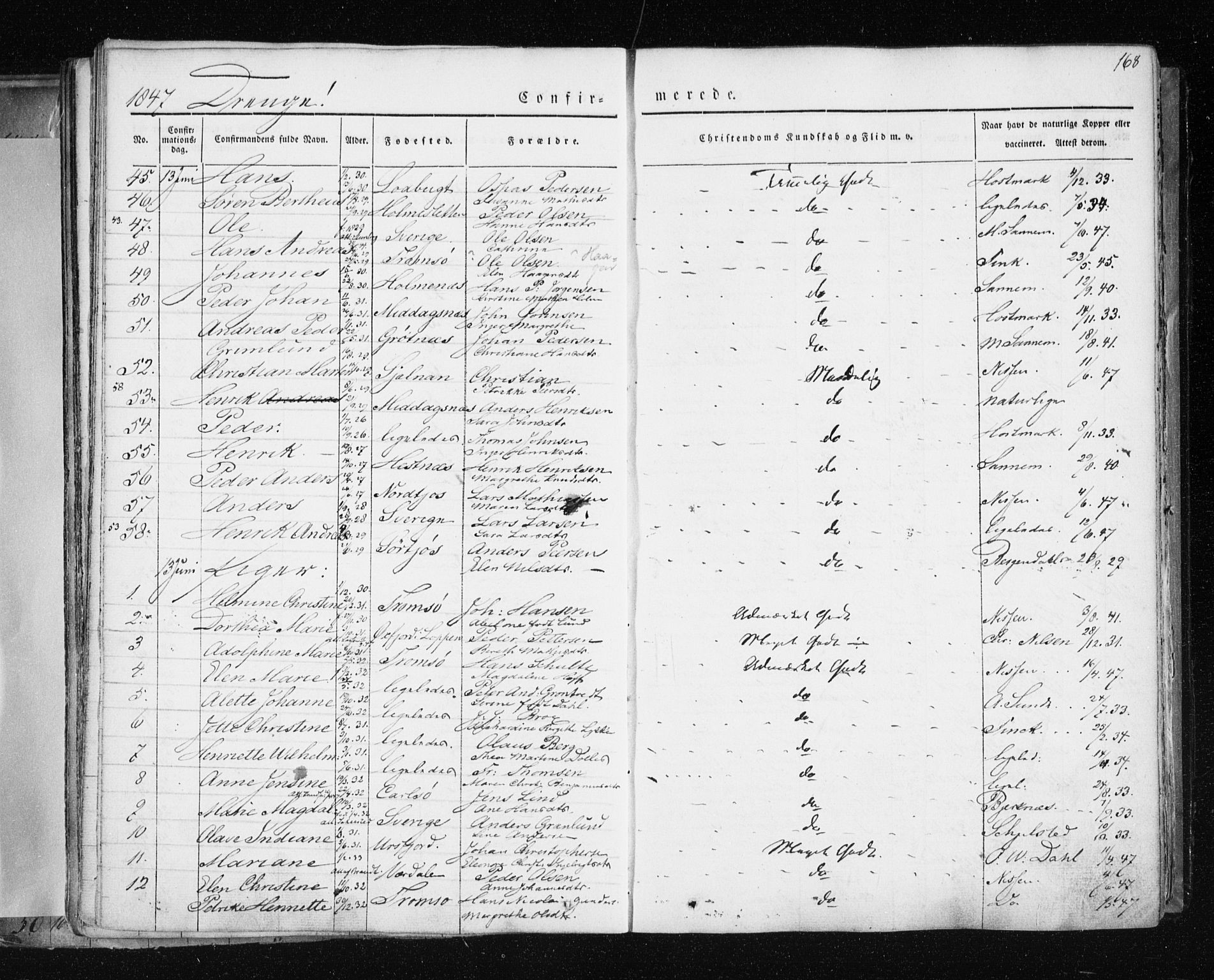 Tromsø sokneprestkontor/stiftsprosti/domprosti, AV/SATØ-S-1343/G/Ga/L0009kirke: Parish register (official) no. 9, 1837-1847, p. 168
