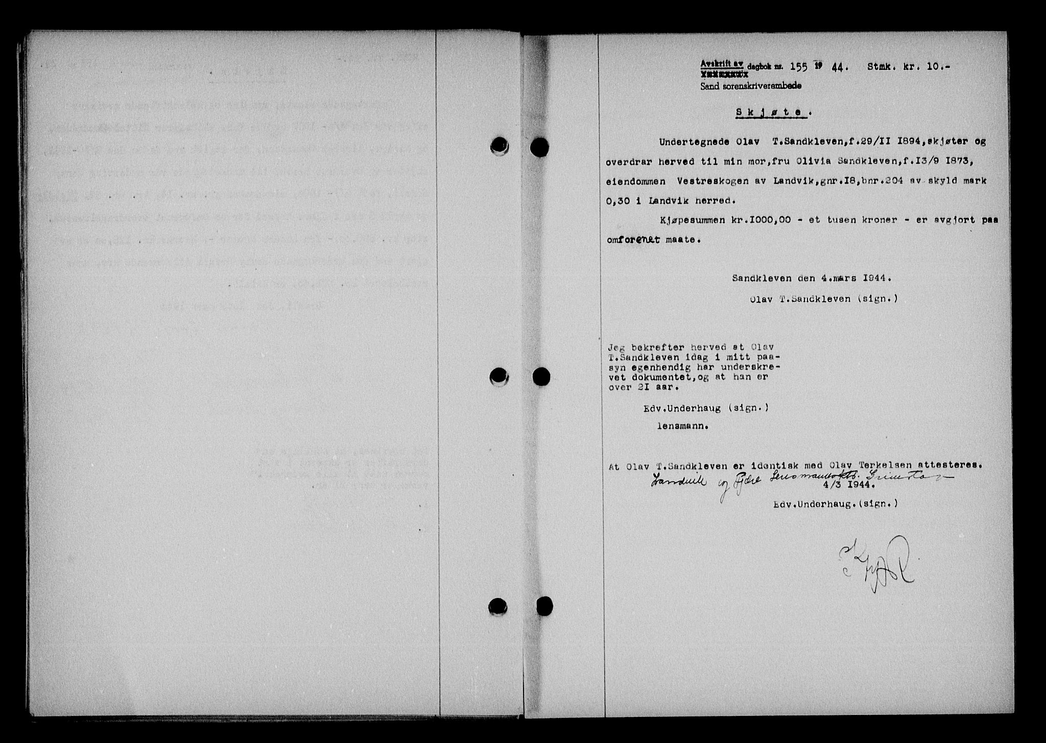 Vestre Nedenes/Sand sorenskriveri, SAK/1221-0010/G/Gb/Gba/L0053: Mortgage book no. A 6, 1944-1945, Diary no: : 155/1944