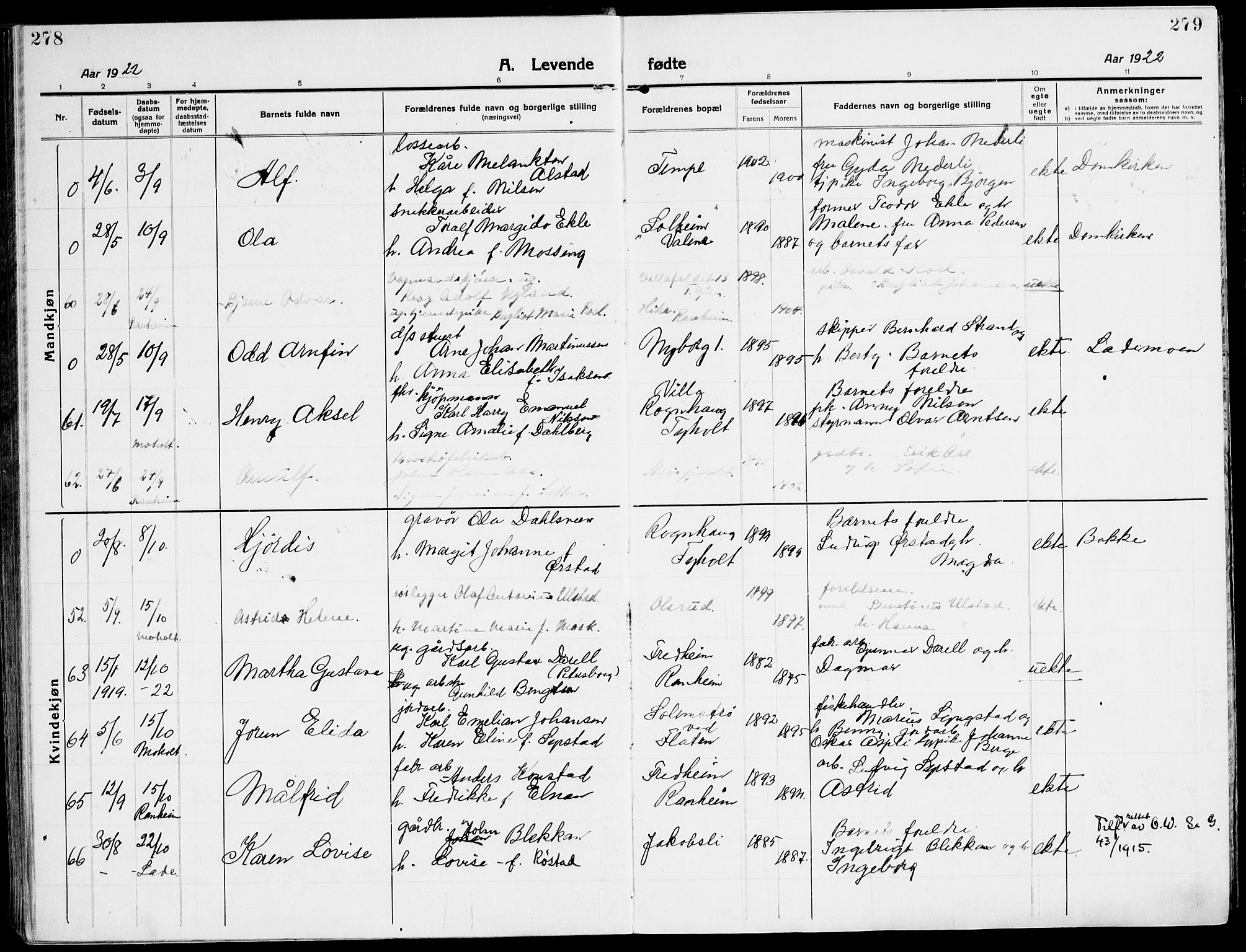 Ministerialprotokoller, klokkerbøker og fødselsregistre - Sør-Trøndelag, SAT/A-1456/607/L0321: Parish register (official) no. 607A05, 1916-1935, p. 278-279