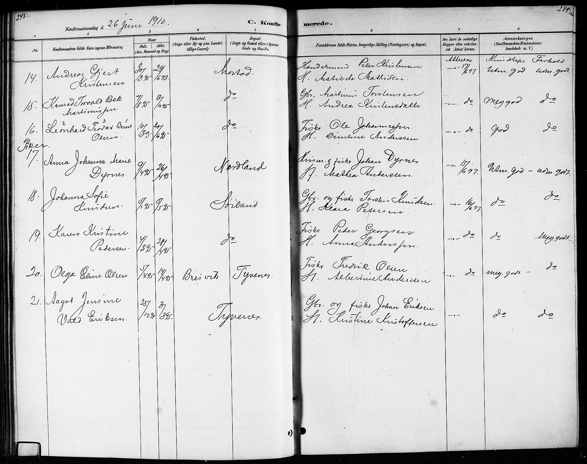 Ministerialprotokoller, klokkerbøker og fødselsregistre - Nordland, AV/SAT-A-1459/807/L0123: Parish register (copy) no. 807C01, 1884-1910, p. 248-249