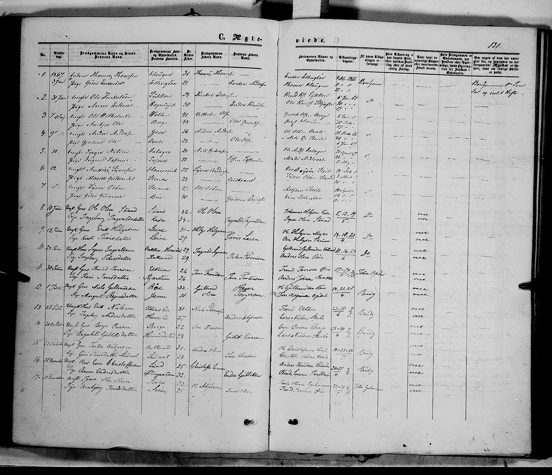 Vang prestekontor, Valdres, AV/SAH-PREST-140/H/Ha/L0007: Parish register (official) no. 7, 1865-1881, p. 131