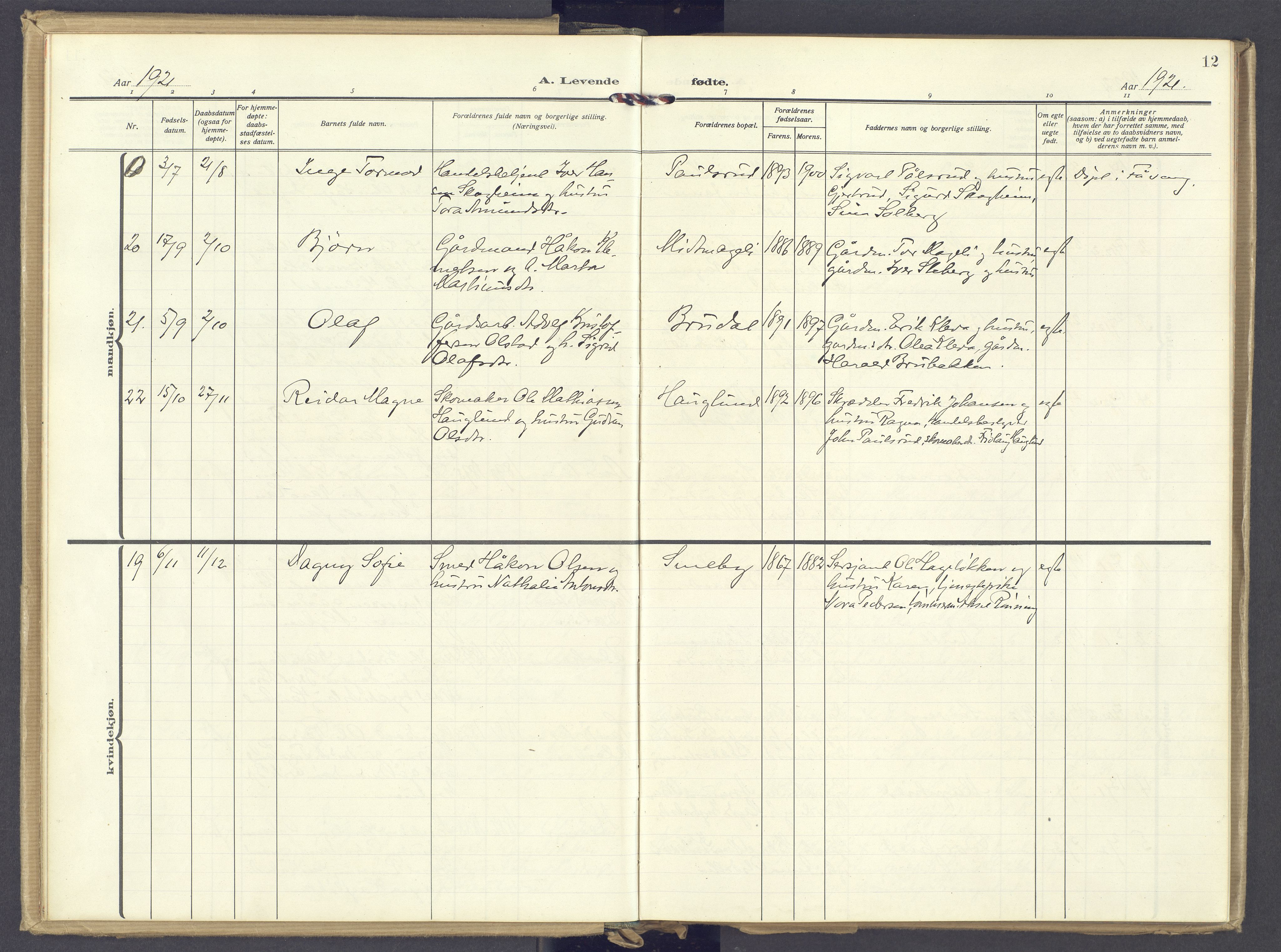 Øyer prestekontor, AV/SAH-PREST-084/H/Ha/Haa/L0014: Parish register (official) no. 14, 1919-1932, p. 12