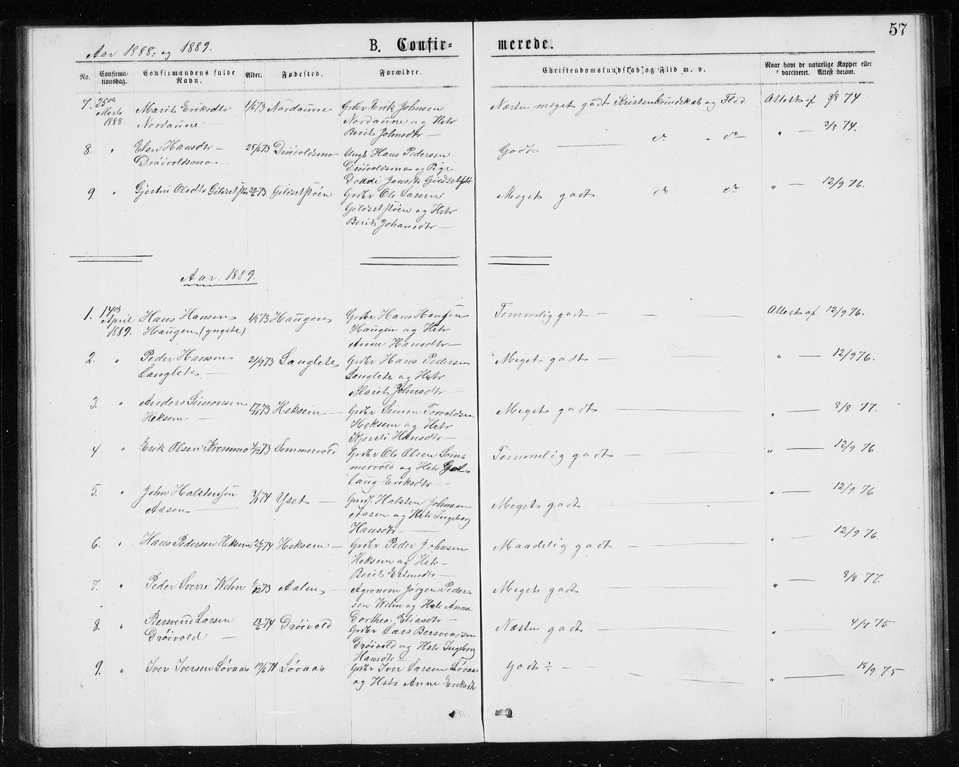 Ministerialprotokoller, klokkerbøker og fødselsregistre - Sør-Trøndelag, SAT/A-1456/685/L0977: Parish register (copy) no. 685C02, 1879-1890, p. 57