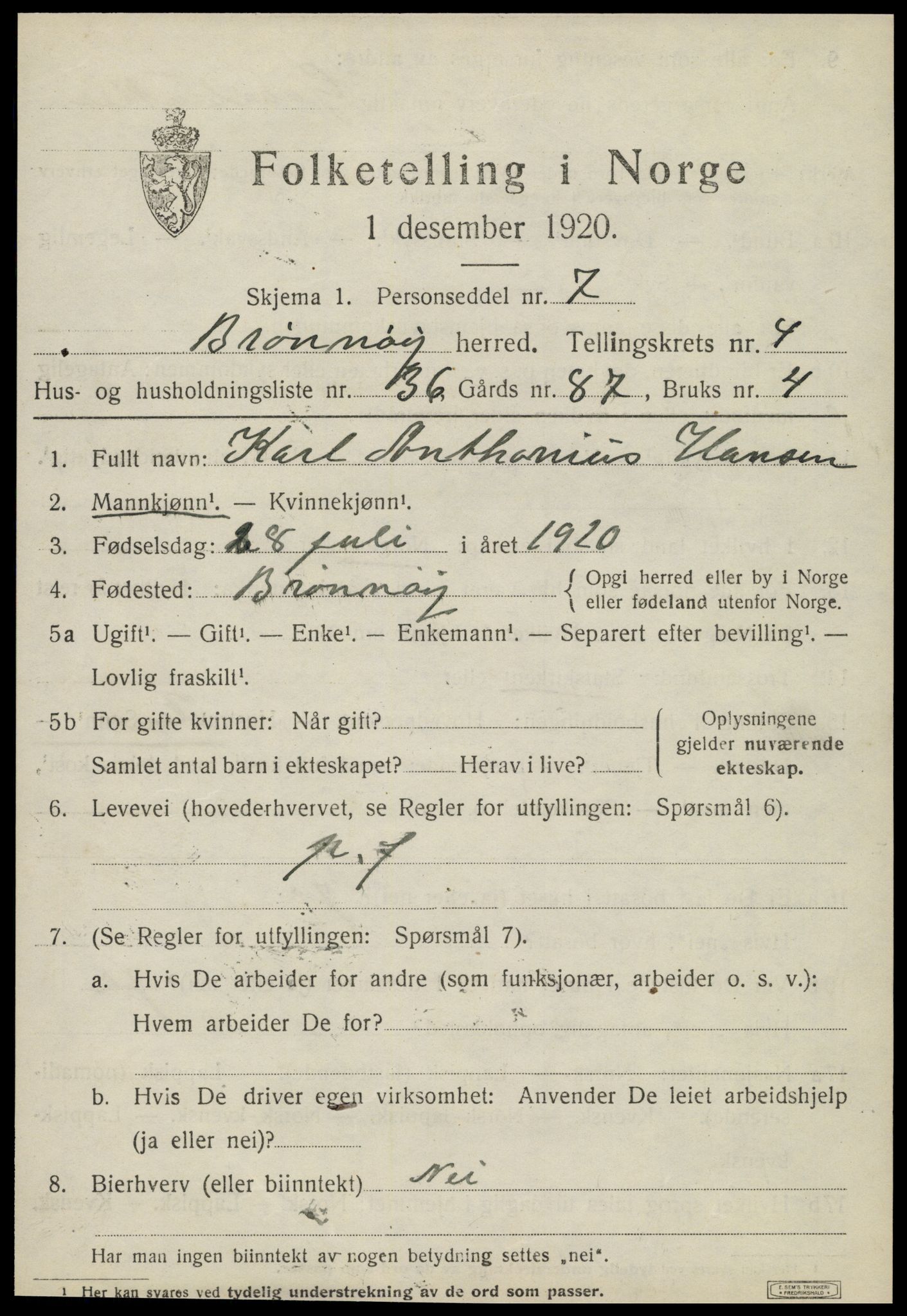 SAT, 1920 census for Brønnøy, 1920, p. 3746