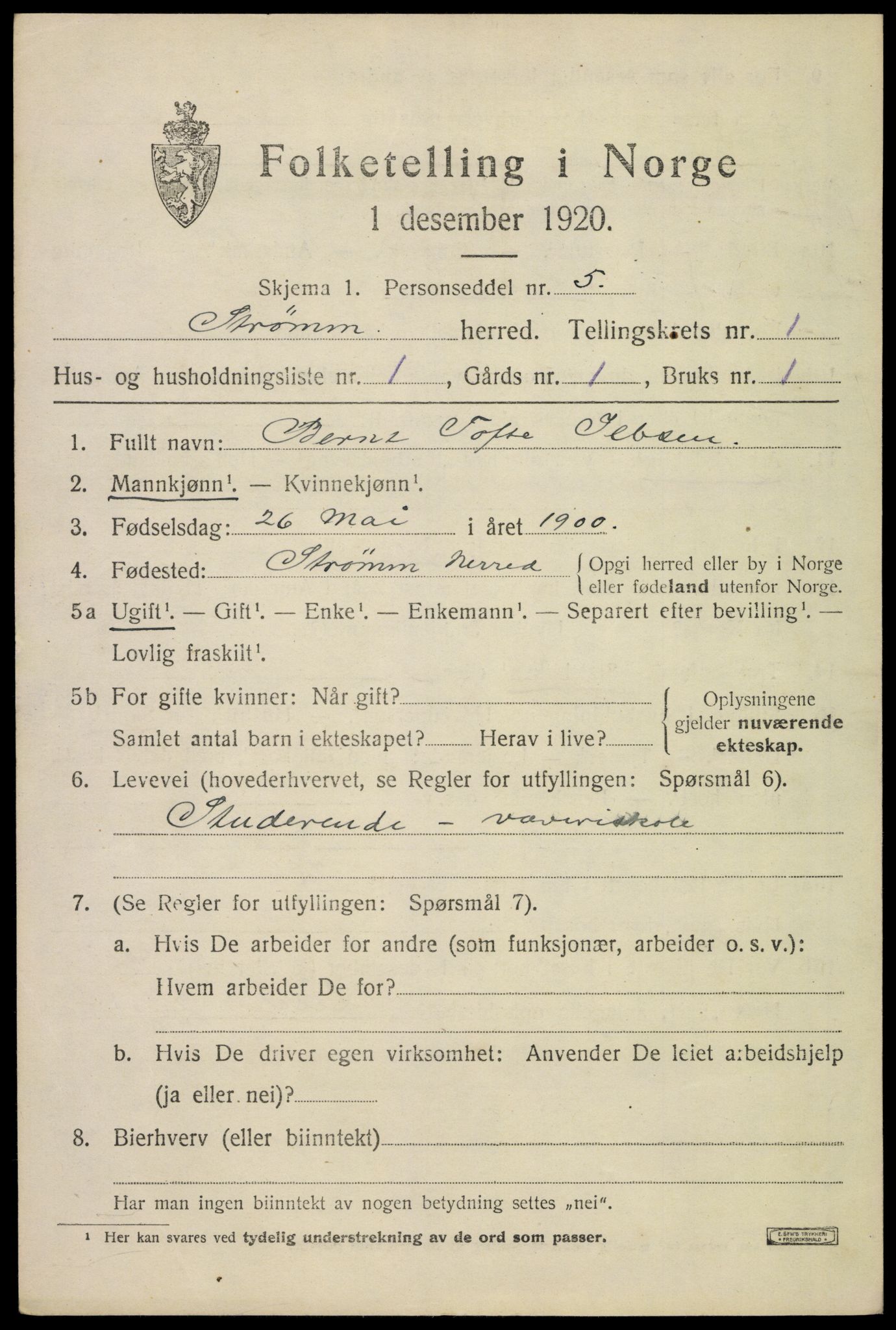 SAKO, 1920 census for Strømm, 1920, p. 577