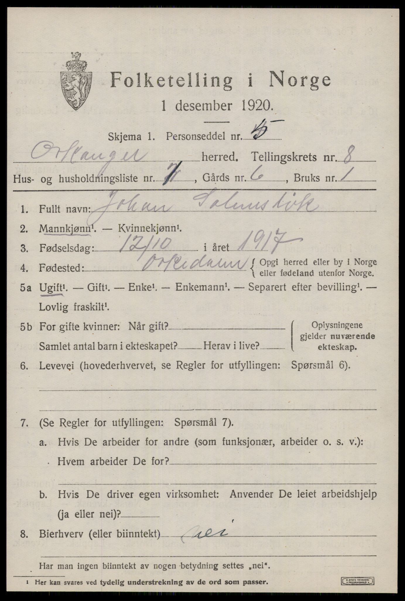 SAT, 1920 census for Orkanger, 1920, p. 3985