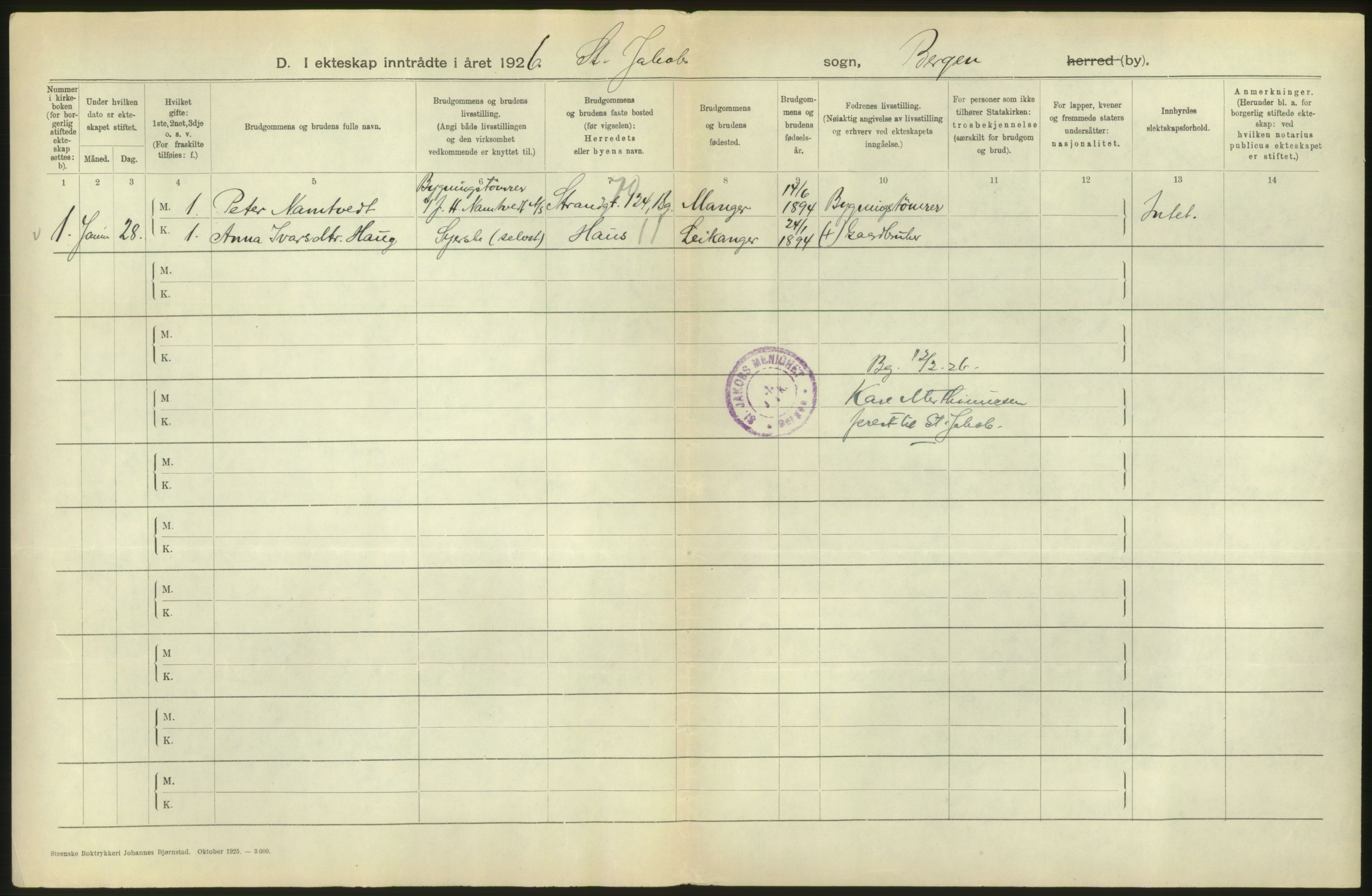 Statistisk sentralbyrå, Sosiodemografiske emner, Befolkning, RA/S-2228/D/Df/Dfc/Dfcf/L0028: Bergen: Gifte, døde, dødfødte., 1926, p. 22