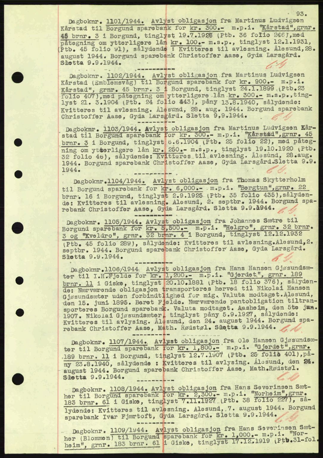 Nordre Sunnmøre sorenskriveri, SAT/A-0006/1/2/2C/2Ca: Mortgage book no. B1-6, 1938-1942, Diary no: : 1101/1944