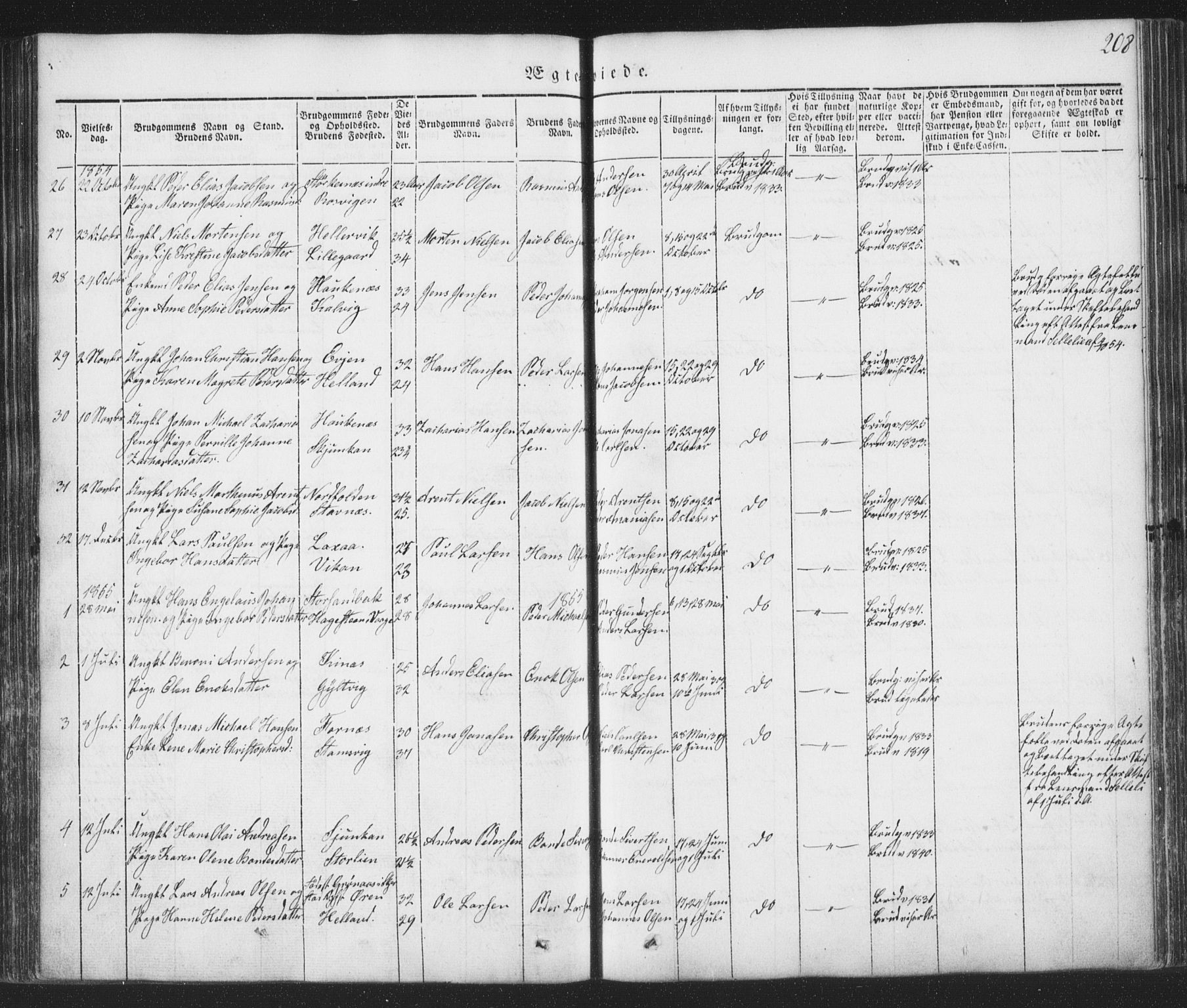 Ministerialprotokoller, klokkerbøker og fødselsregistre - Nordland, AV/SAT-A-1459/853/L0769: Parish register (official) no. 853A08, 1836-1856, p. 208