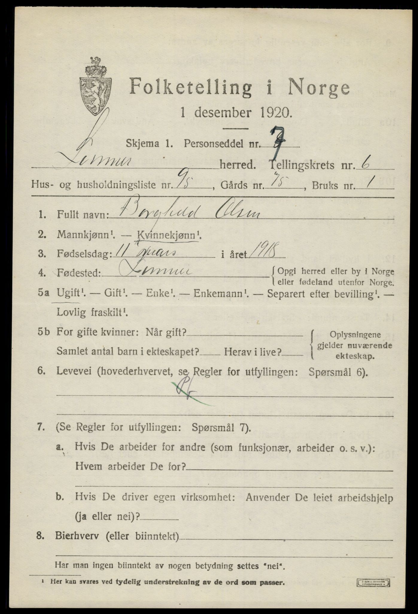 SAH, 1920 census for Lunner, 1920, p. 8627