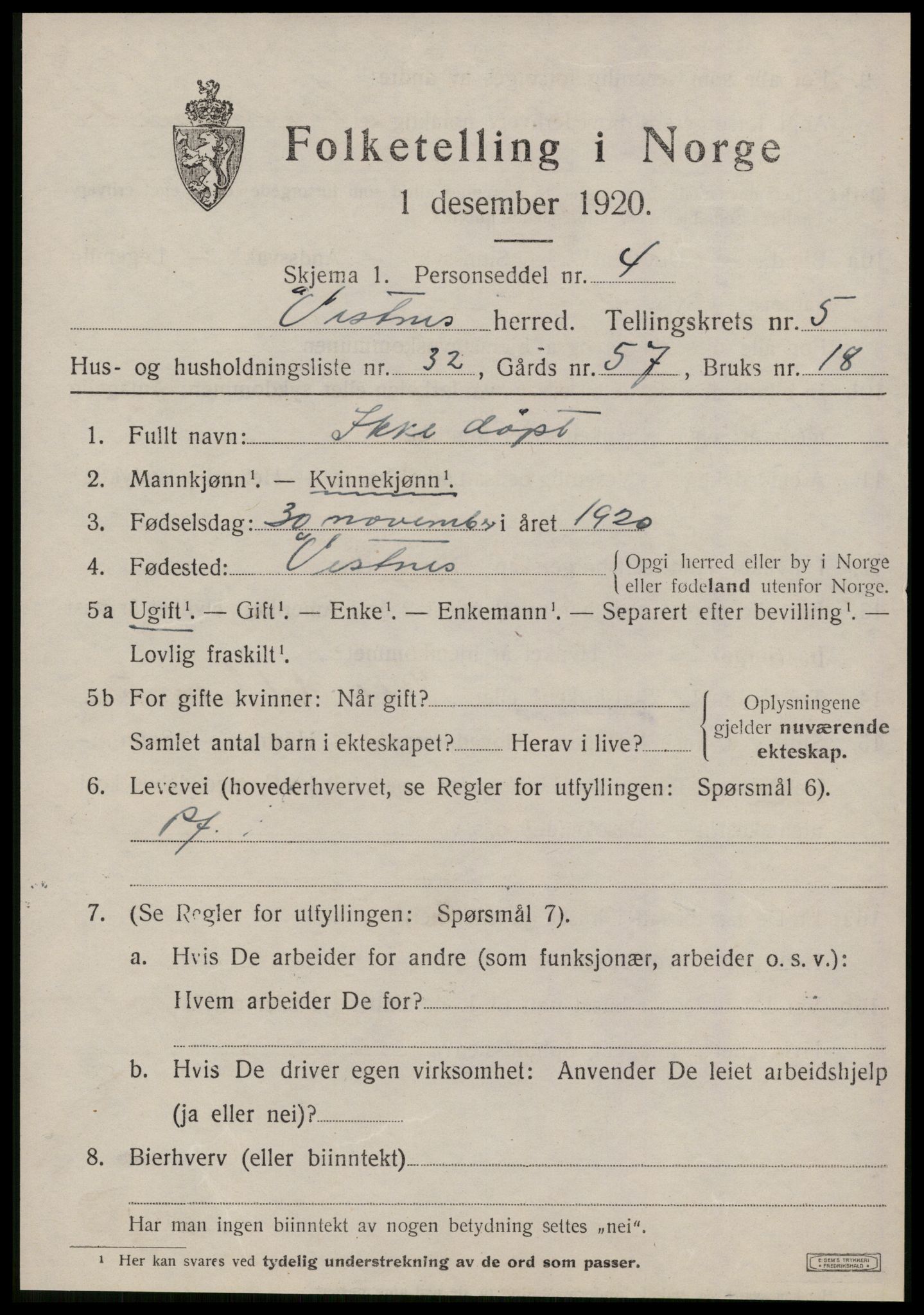 SAT, 1920 census for Vestnes, 1920, p. 4307