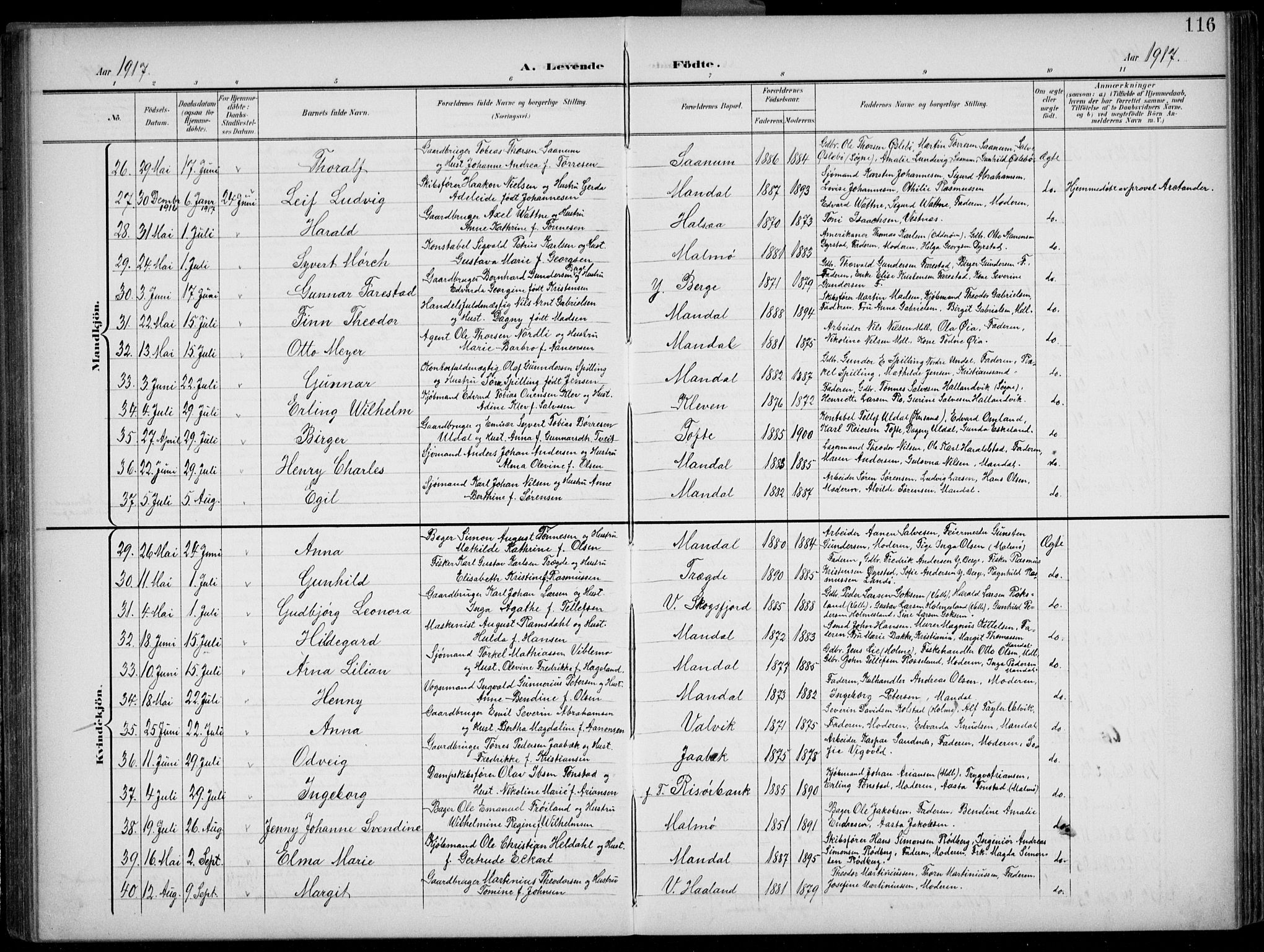 Mandal sokneprestkontor, SAK/1111-0030/F/Fb/Fba/L0012: Parish register (copy) no. B 6, 1899-1918, p. 116