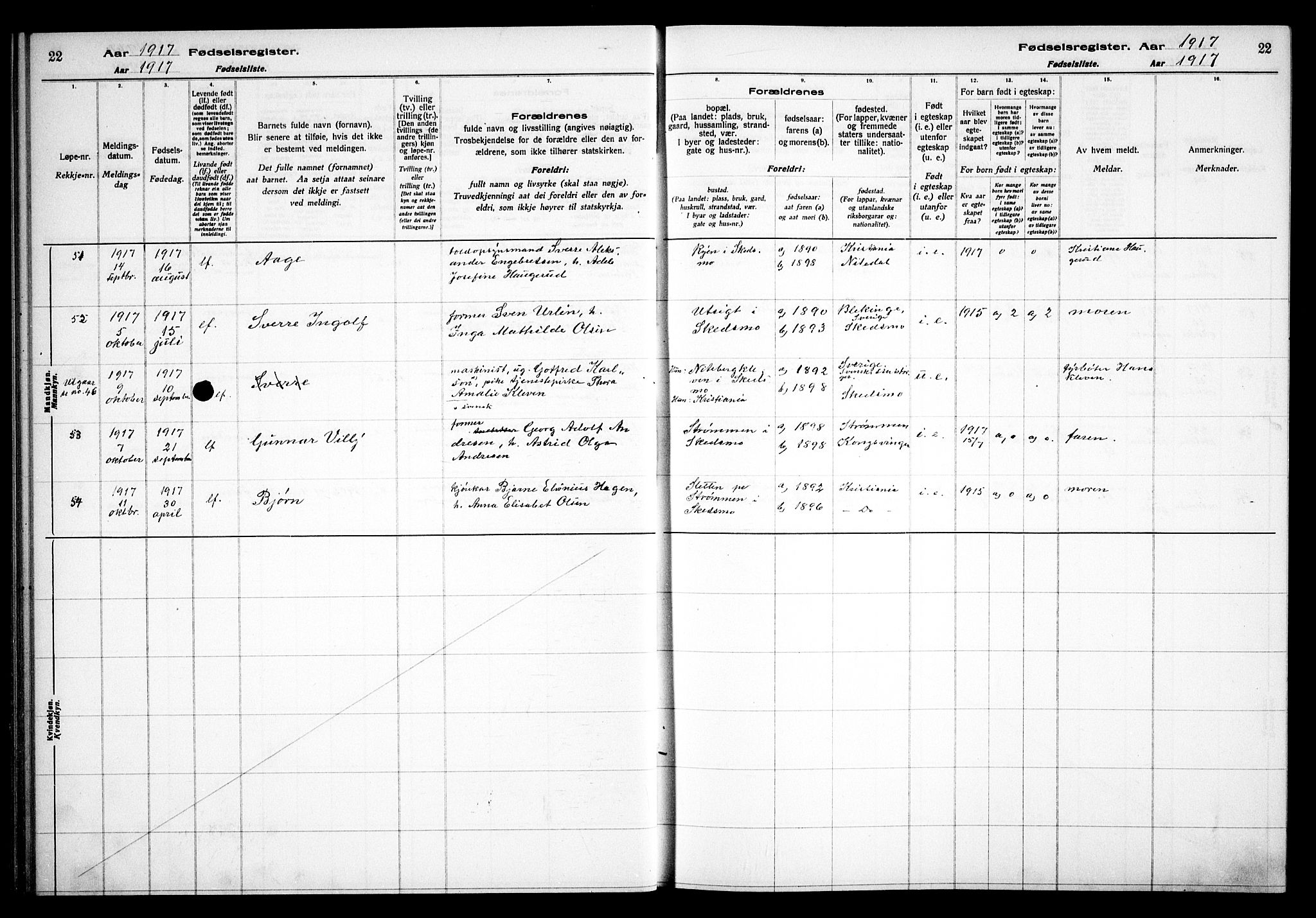 Skedsmo prestekontor Kirkebøker, AV/SAO-A-10033a/J/Ja/L0001: Birth register no. I 1, 1916-1931, p. 22