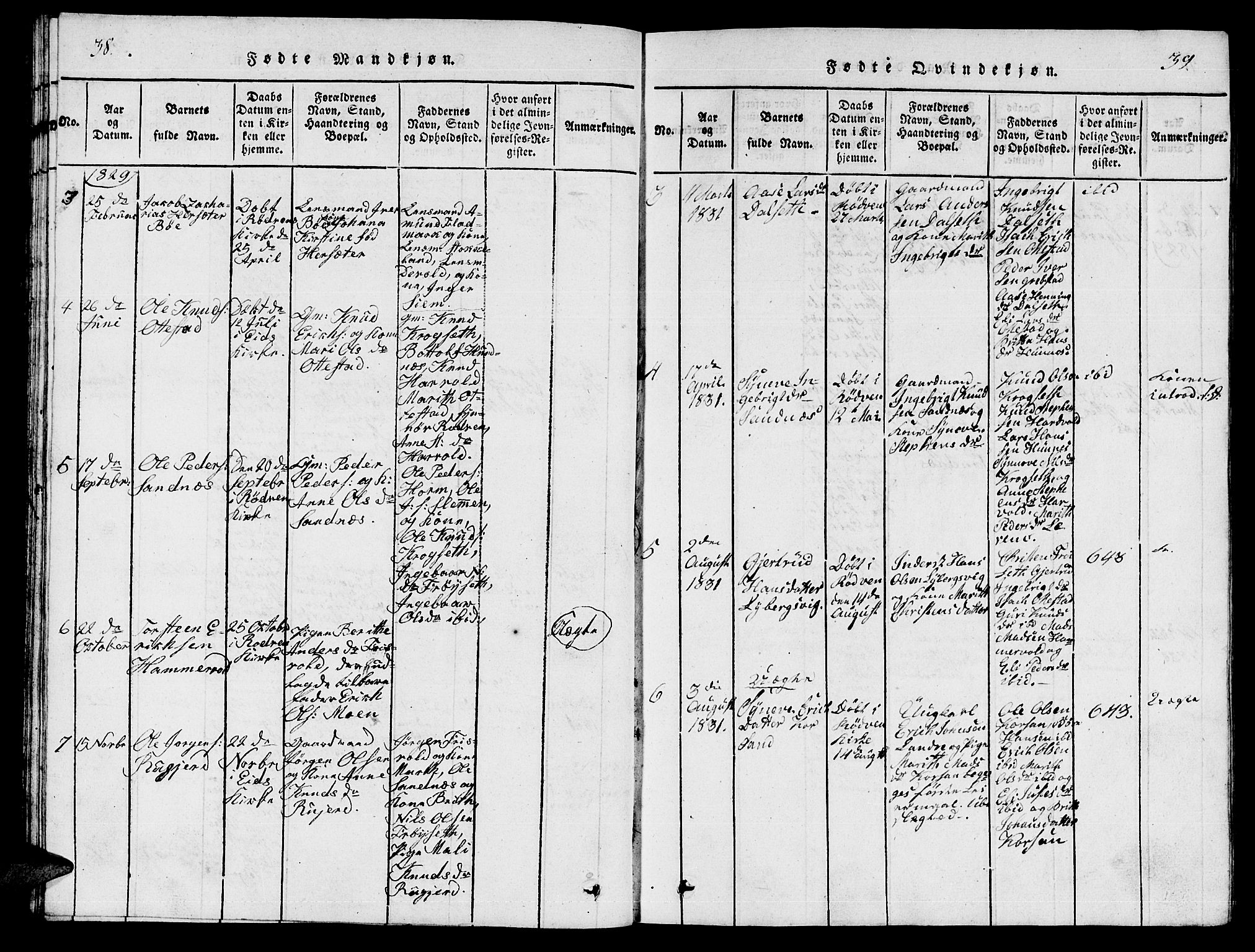 Ministerialprotokoller, klokkerbøker og fødselsregistre - Møre og Romsdal, AV/SAT-A-1454/548/L0613: Parish register (copy) no. 548C01, 1818-1846, p. 38-39