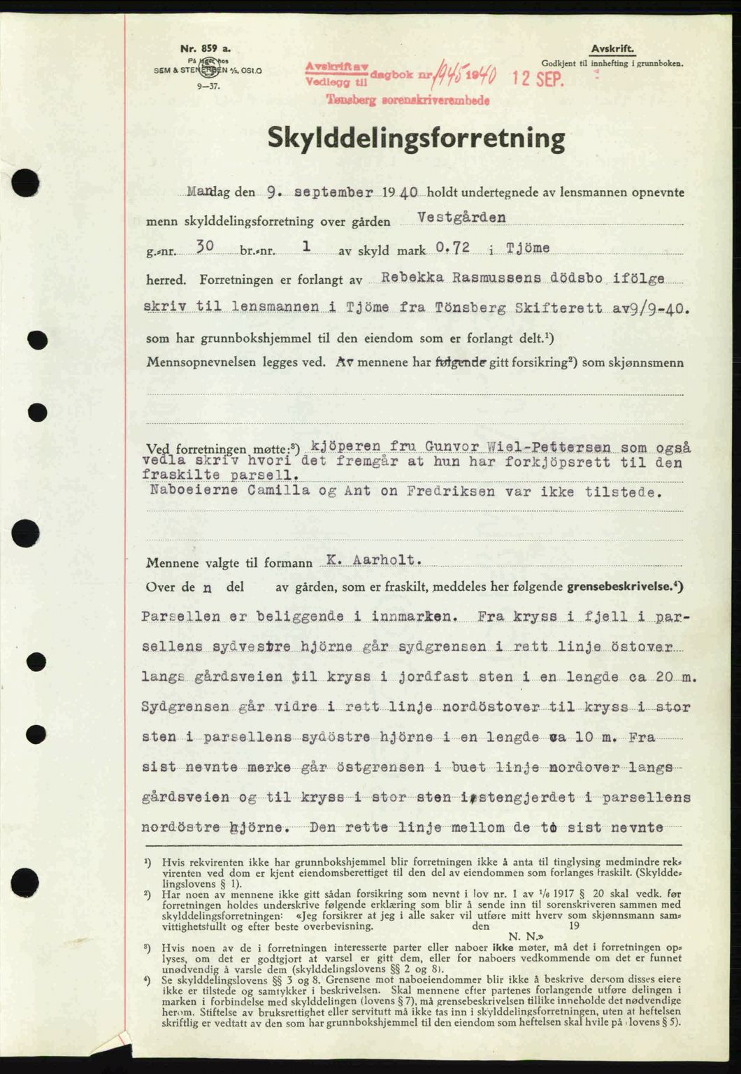 Tønsberg sorenskriveri, AV/SAKO-A-130/G/Ga/Gaa/L0009: Mortgage book no. A9, 1940-1941, Diary no: : 1945/1940