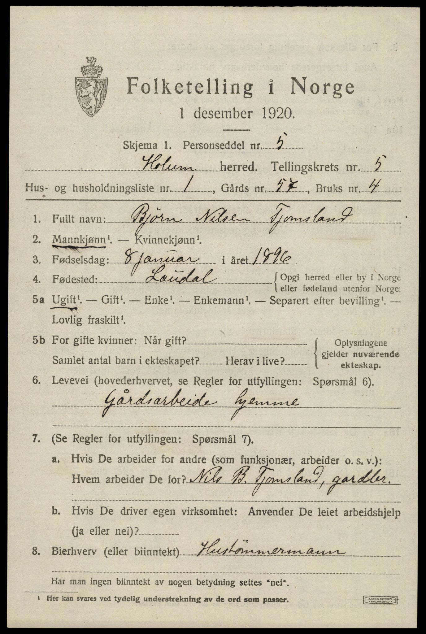 SAK, 1920 census for Holum, 1920, p. 2137