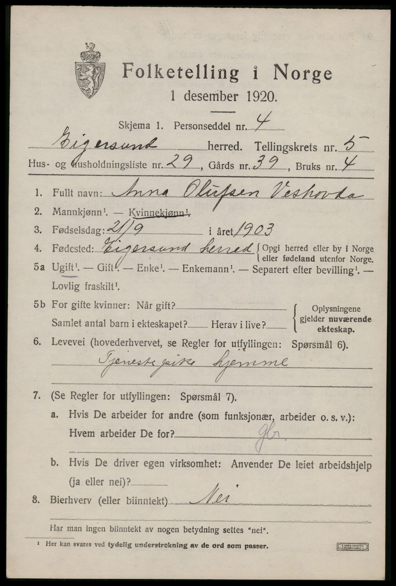 SAST, 1920 census for Eigersund, 1920, p. 3861
