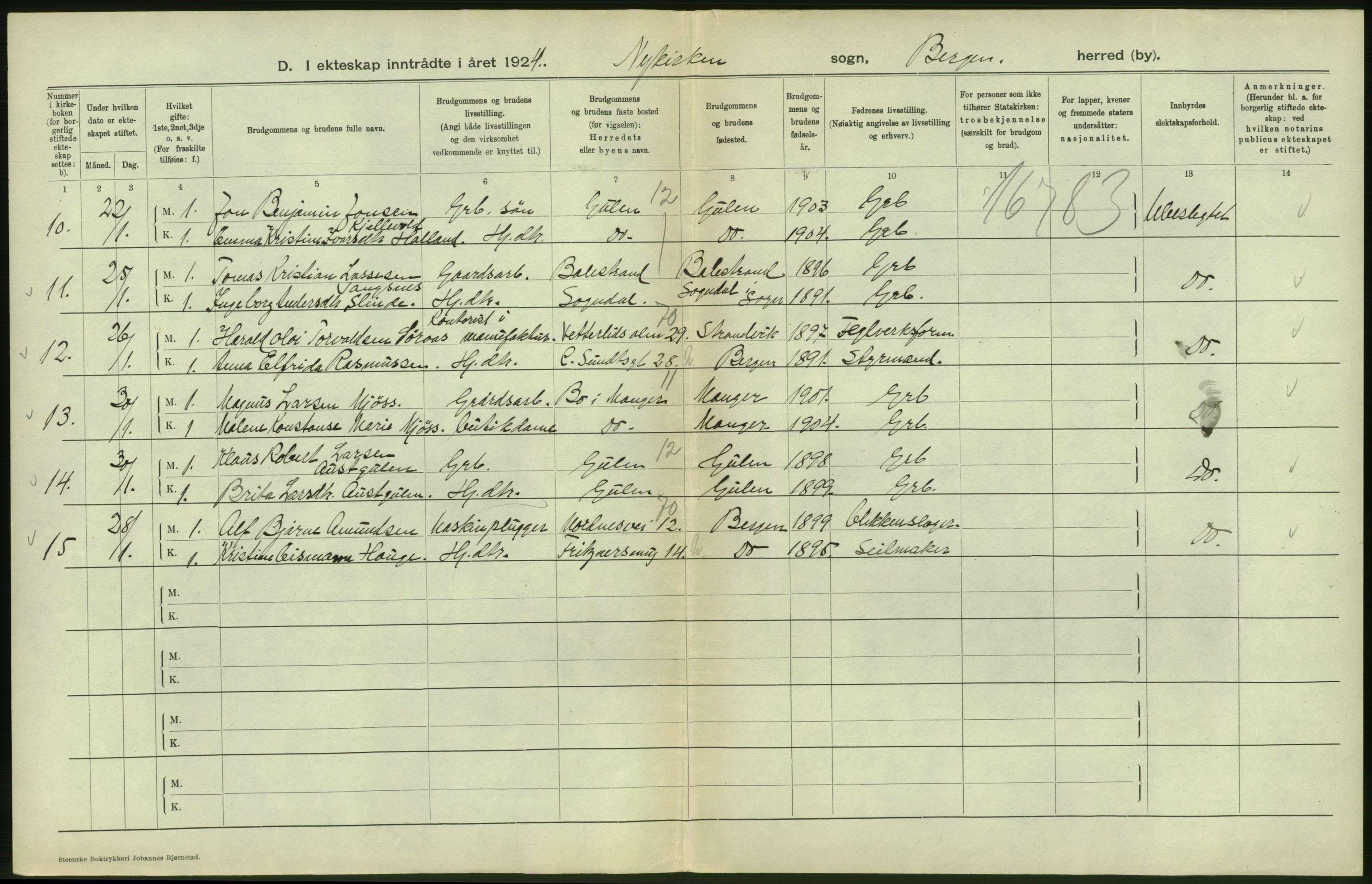 Statistisk sentralbyrå, Sosiodemografiske emner, Befolkning, RA/S-2228/D/Df/Dfc/Dfcd/L0028: Bergen: Gifte, døde., 1924, p. 112