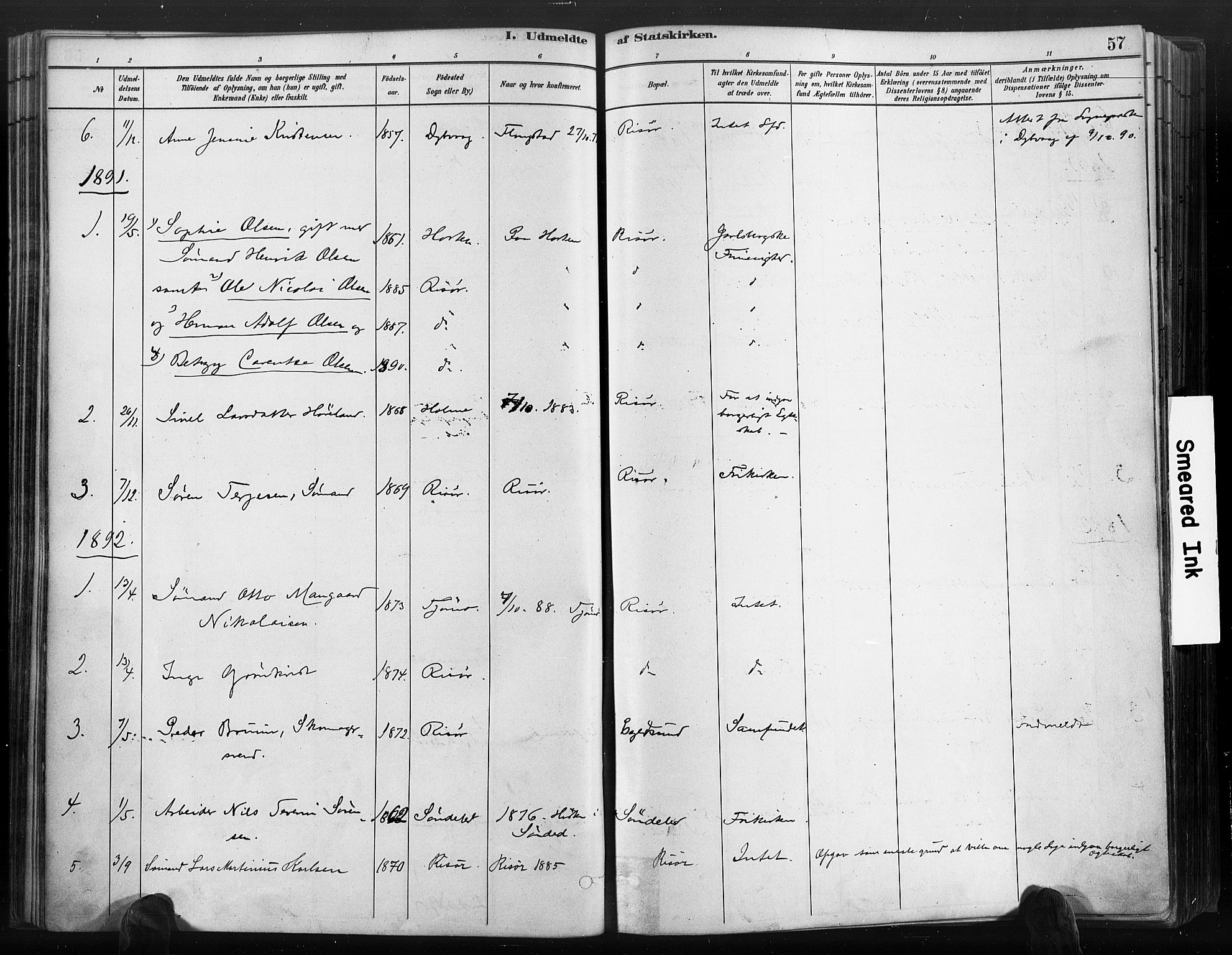 Risør sokneprestkontor, SAK/1111-0035/F/Fa/L0006: Parish register (official) no. A 6, 1883-1908, p. 57