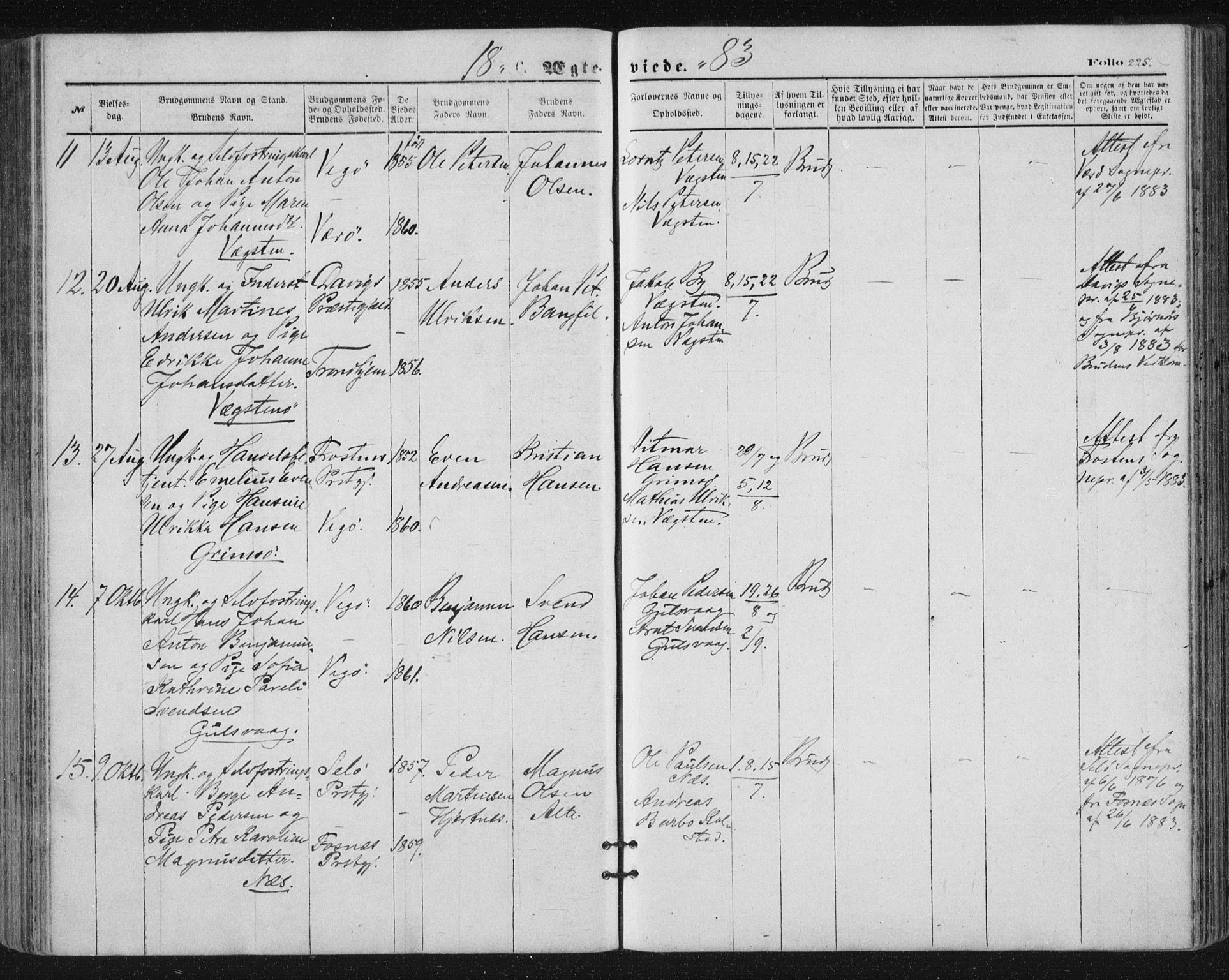 Ministerialprotokoller, klokkerbøker og fødselsregistre - Nordland, AV/SAT-A-1459/816/L0241: Parish register (official) no. 816A07, 1870-1885, p. 225