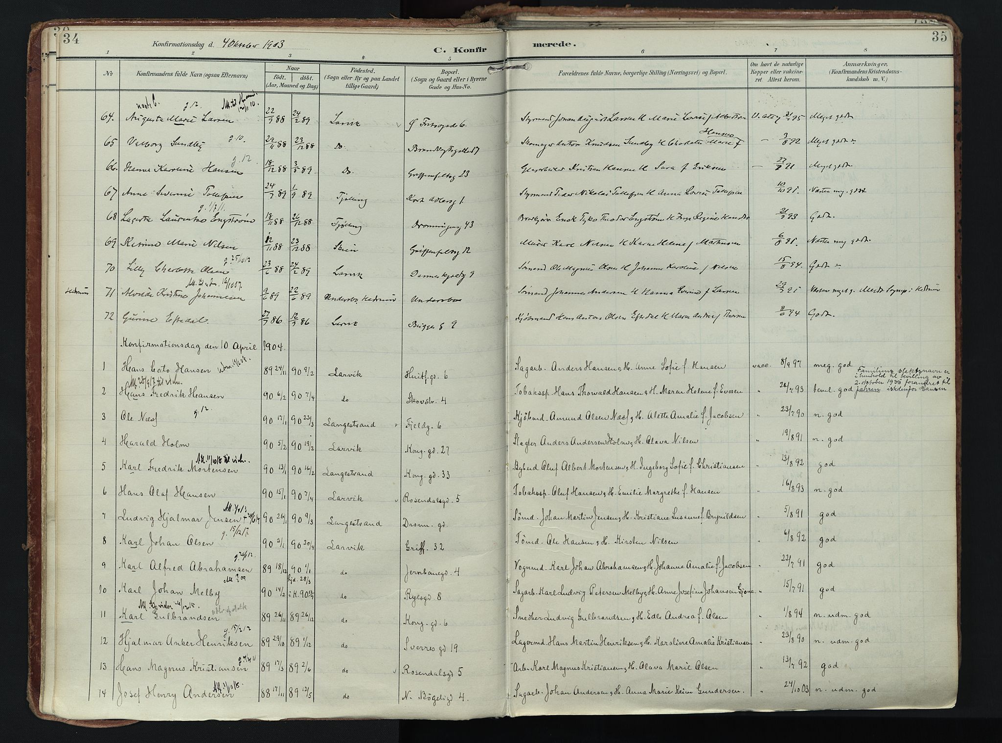 Larvik kirkebøker, SAKO/A-352/F/Fa/L0011: Parish register (official) no. I 11, 1902-1922, p. 34-35