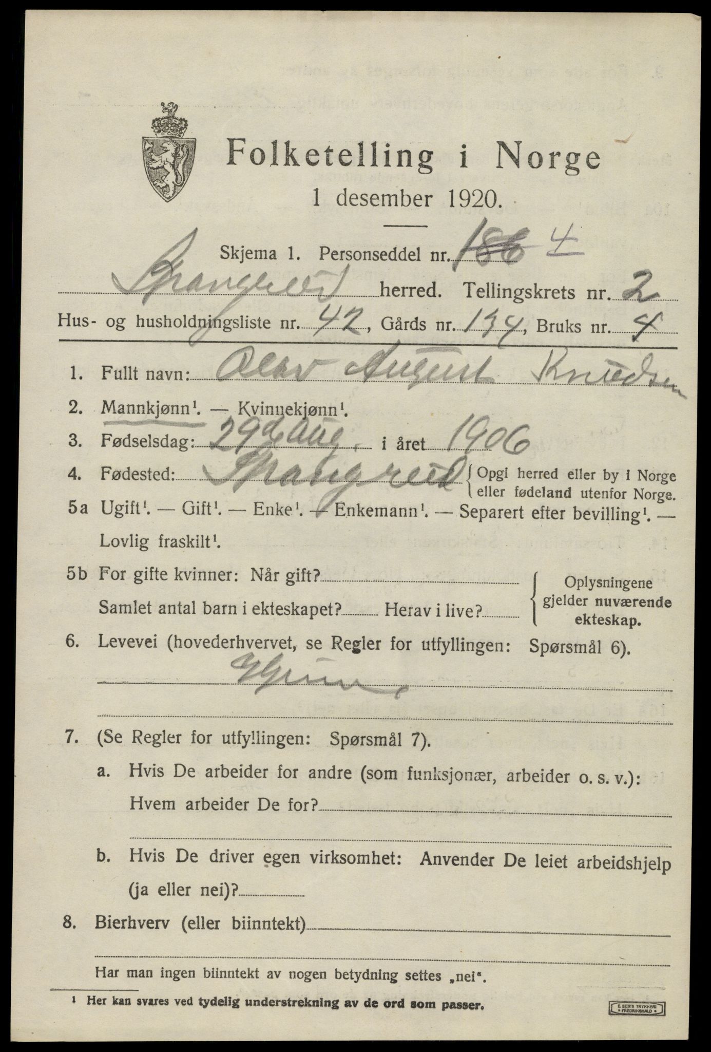 SAK, 1920 census for Spangereid, 1920, p. 1429