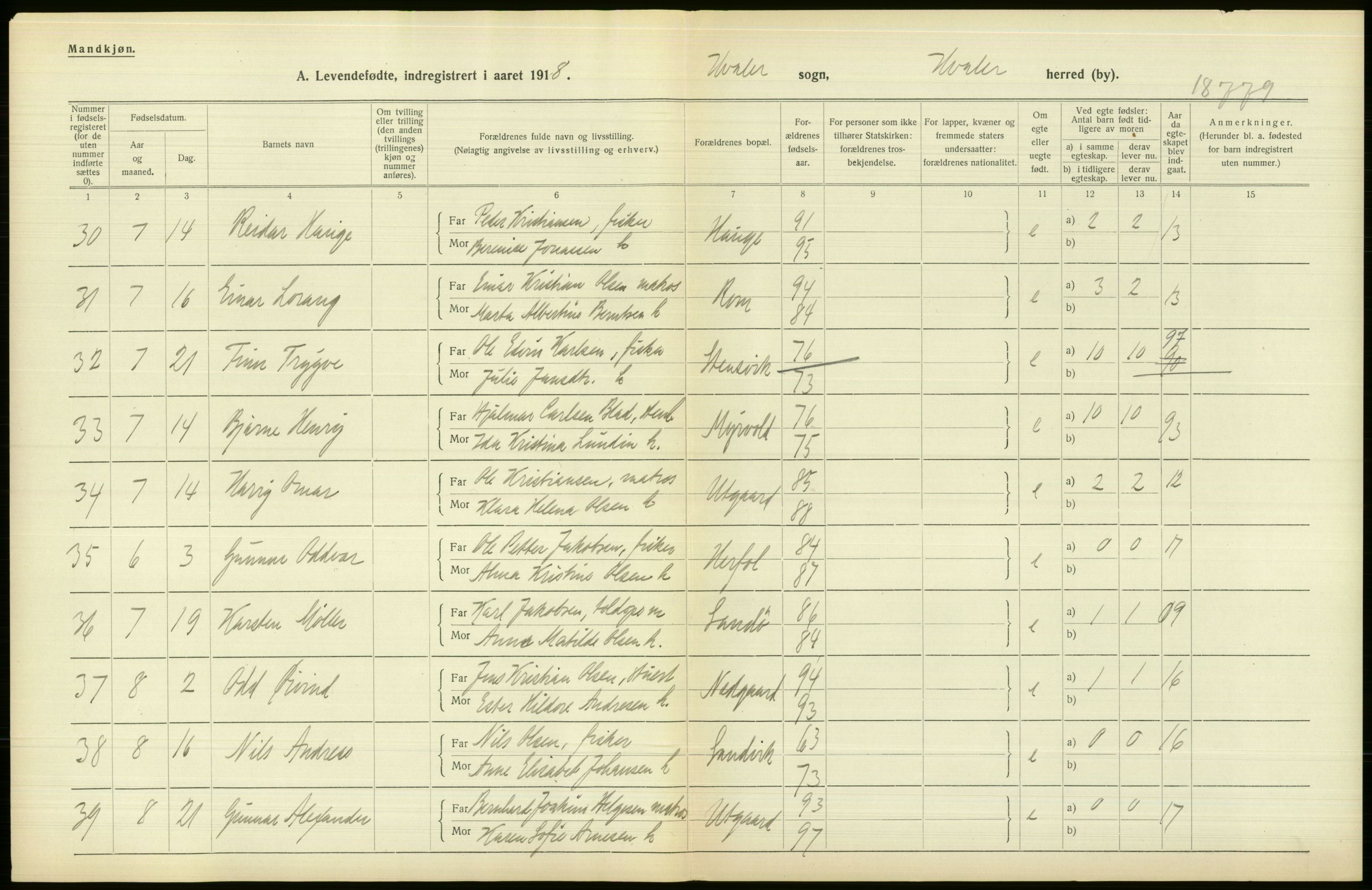 Statistisk sentralbyrå, Sosiodemografiske emner, Befolkning, RA/S-2228/D/Df/Dfb/Dfbh/L0001: Østfold fylke: Levendefødte menn og kvinner. Bygder., 1918, p. 84