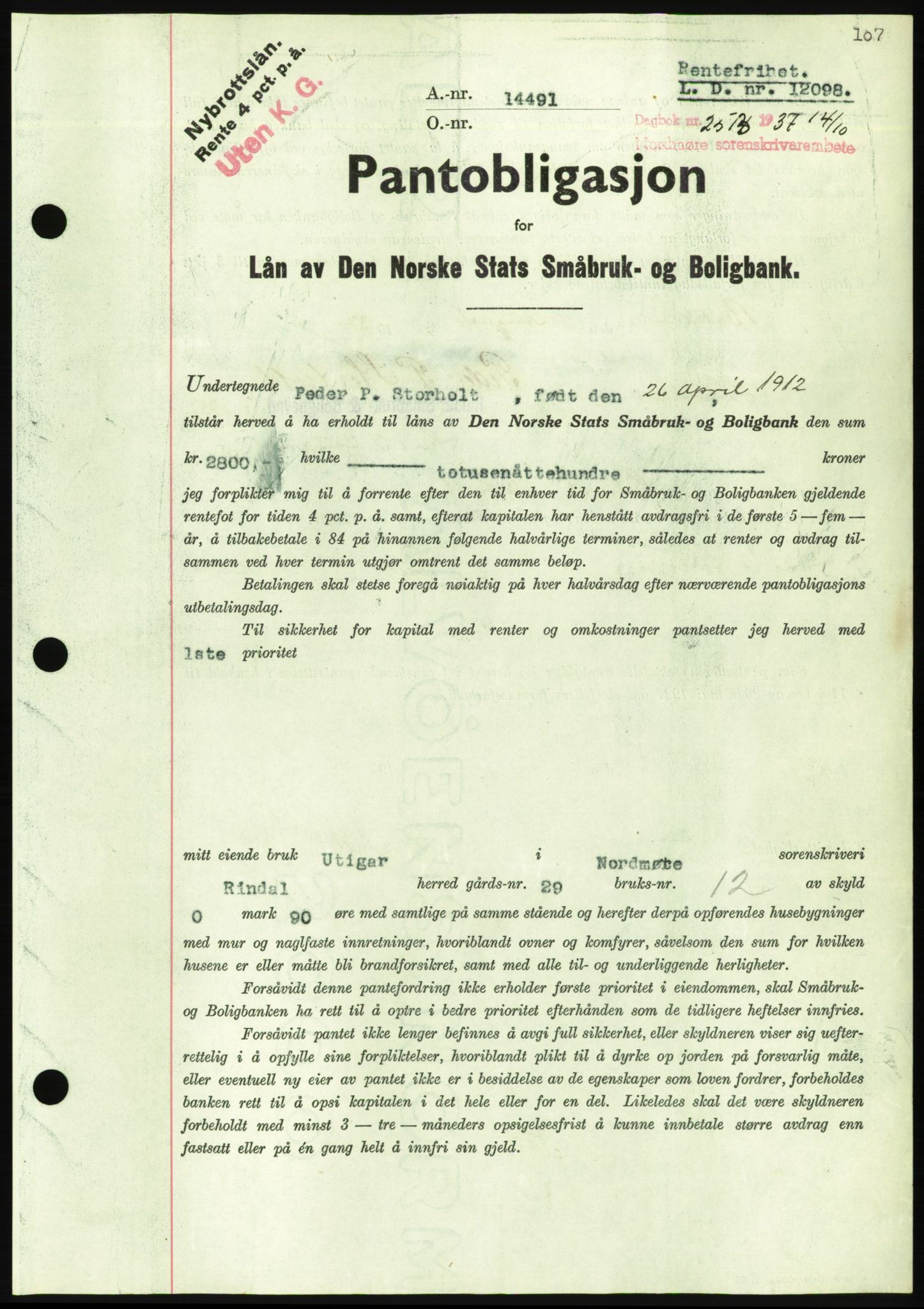 Nordmøre sorenskriveri, AV/SAT-A-4132/1/2/2Ca/L0092: Mortgage book no. B82, 1937-1938, Diary no: : 2513/1937