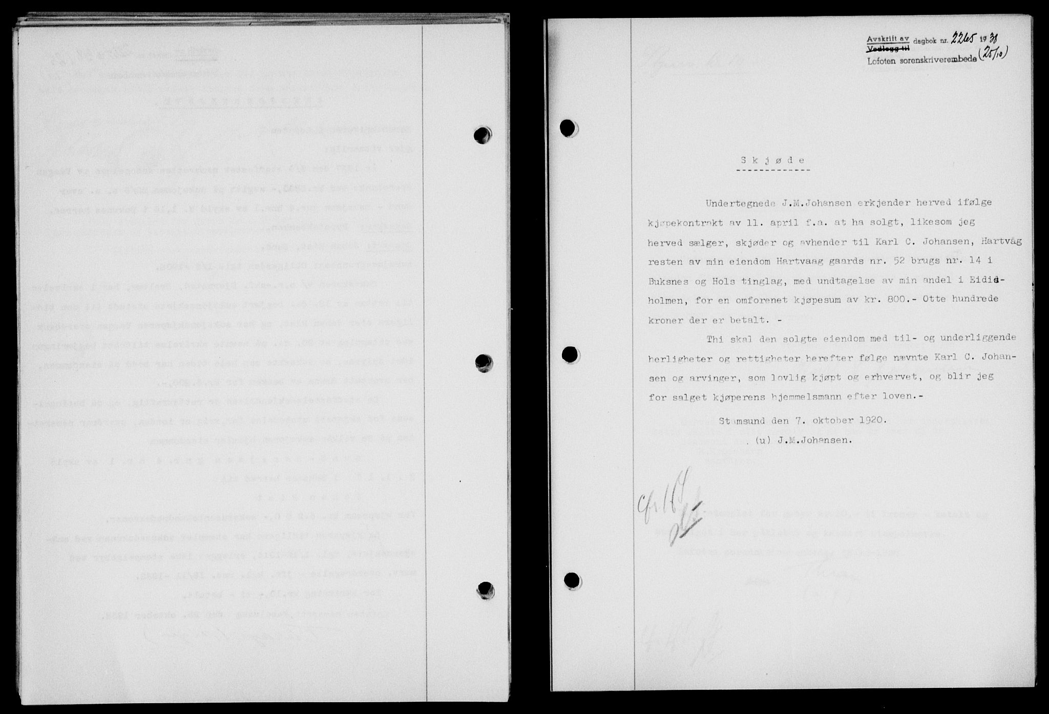 Lofoten sorenskriveri, SAT/A-0017/1/2/2C/L0004a: Mortgage book no. 4a, 1938-1938, Diary no: : 2265/1938