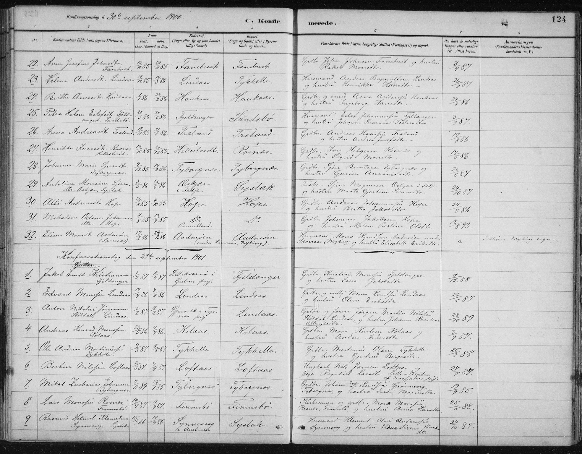 Lindås Sokneprestembete, SAB/A-76701/H/Hab: Parish register (copy) no. B 3, 1886-1914, p. 124