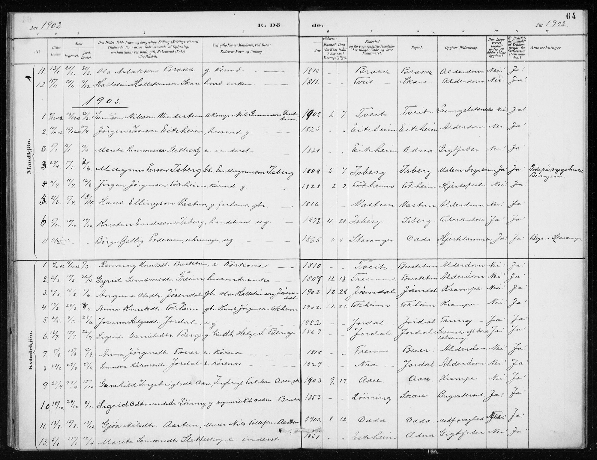 Odda Sokneprestembete, AV/SAB-A-77201/H/Haa: Parish register (official) no. D 1, 1887-1914, p. 64