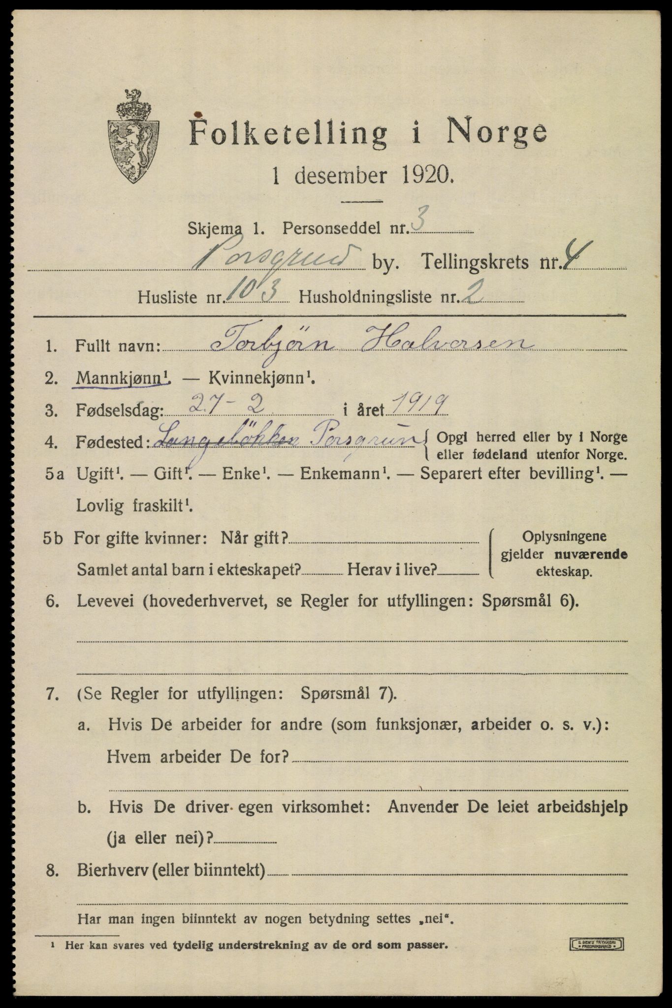 SAKO, 1920 census for Porsgrunn, 1920, p. 19907