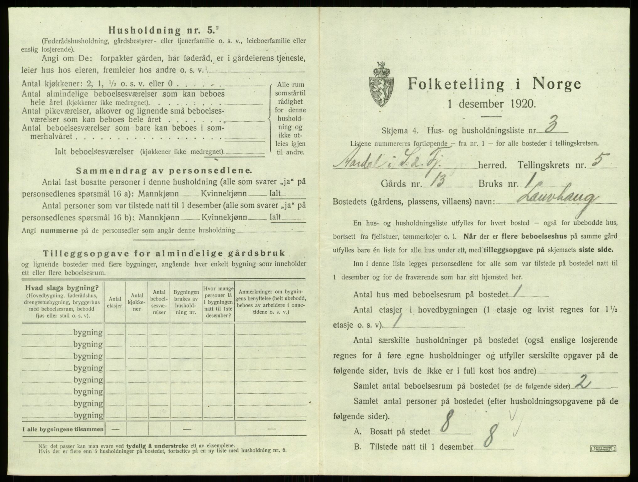 SAB, 1920 census for Årdal, 1920, p. 372